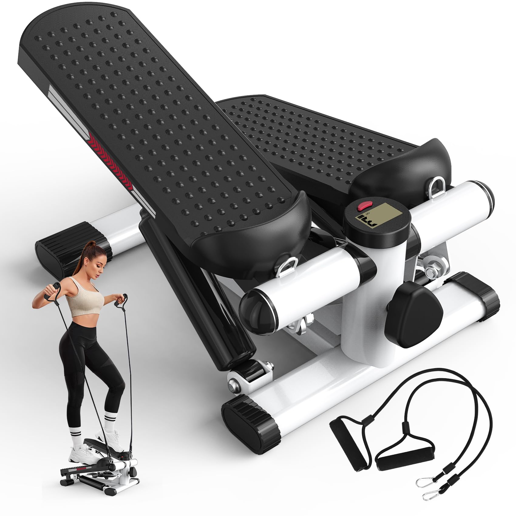 ST1 Mini Stepper do domu, 2 w 1: stepper góra–dół z linkami oporowymi, wyświetlacz LCD, regulowany opór, trening nóg i rąk, cichy i kompaktowy, maksymalne obciążenie 100 kg.