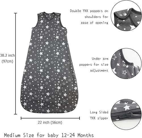 Miniatura 7 de Manta para bebé, algodón ultrasuave, saco de dormir para bebé de 1.5 tog, saco de dormir de transición para envolver (estrellas sobre gris, 12-24