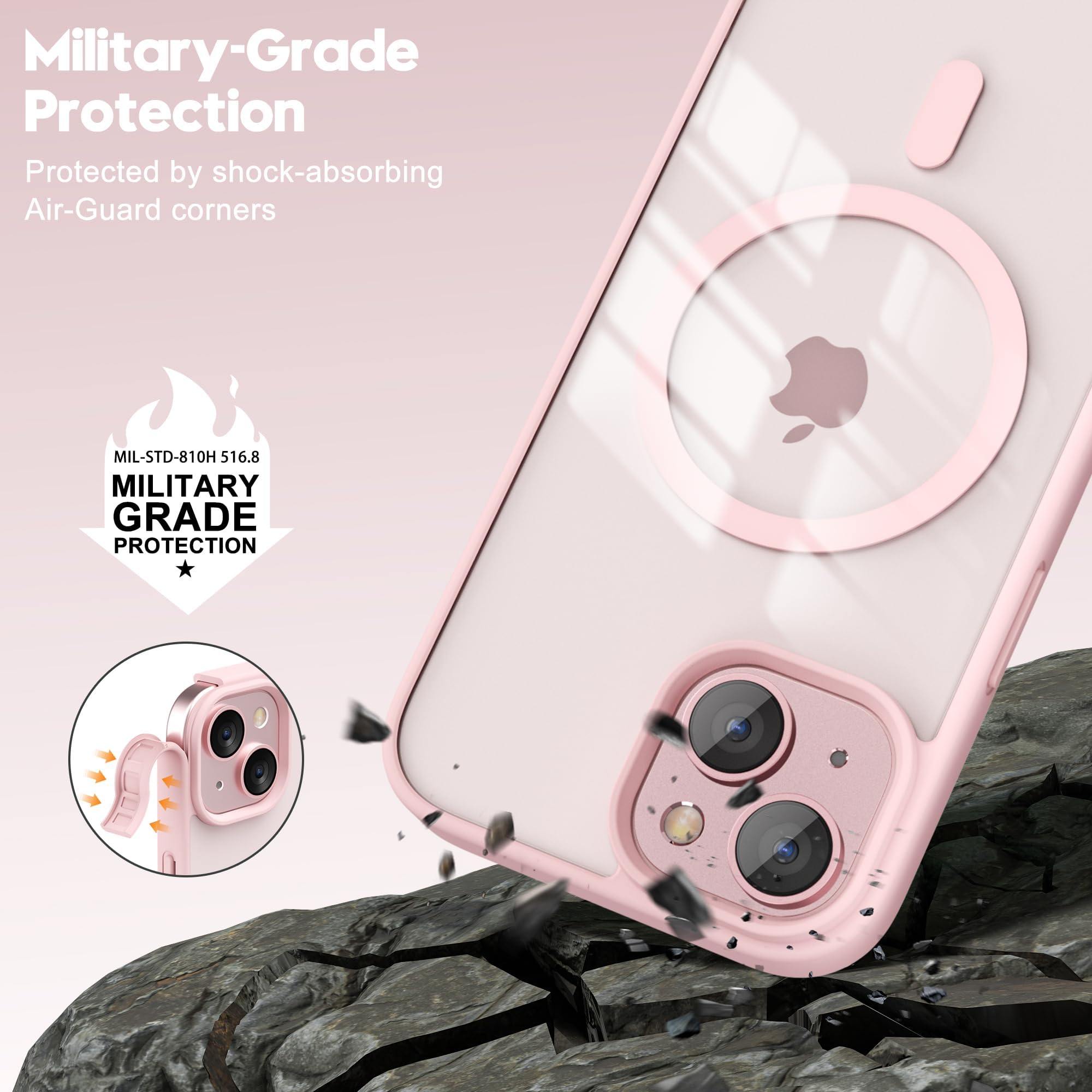 oakxco Funda magnética transparente para iPhone 15 Plus, compatible con carga Magsafe, funda protectora delgada para 15 Plus, a prueba de golpes, silicona suave TPU y policarbonato duro, arena rosa