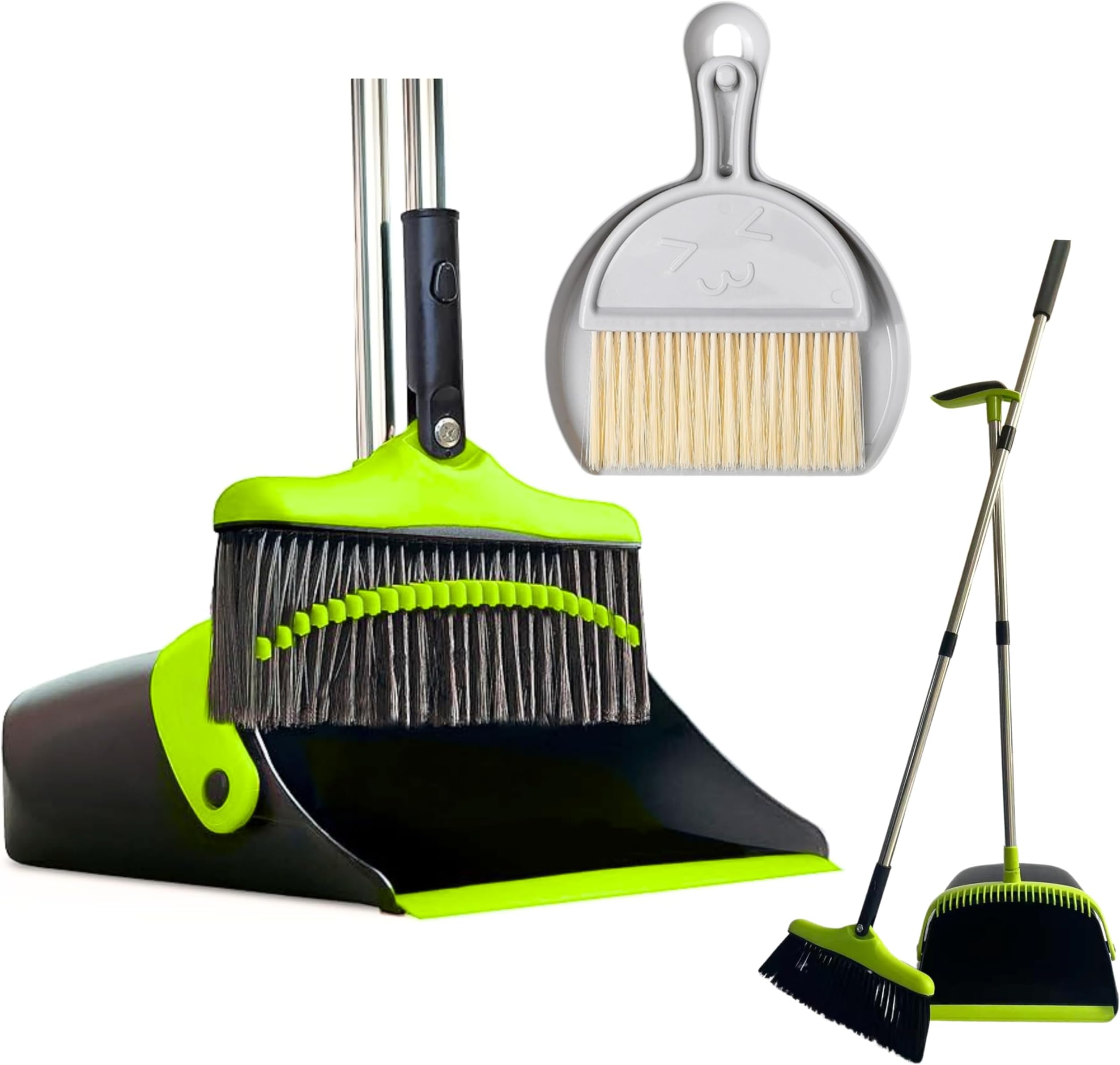 FLOORINGTON Long Handled Dustpan and Brush Set Upright Broom with Soft Bristles & Durable Dustpan for Indoor and Outdoor Cleaning Includes Free Mini Dustpan & Brush Set (Green & Black)