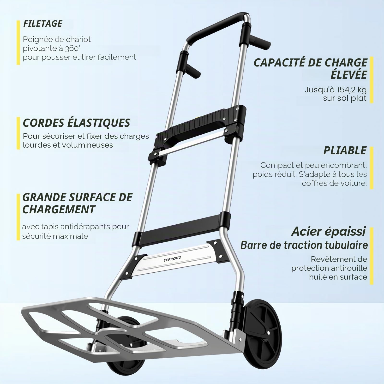 Teprovo Chariot pliable de capacité 154,2 kg avec poignée télescopique et roues en caoutchouc de 17,8 cm pour déménagement, courses, voyage, usage au bureau
