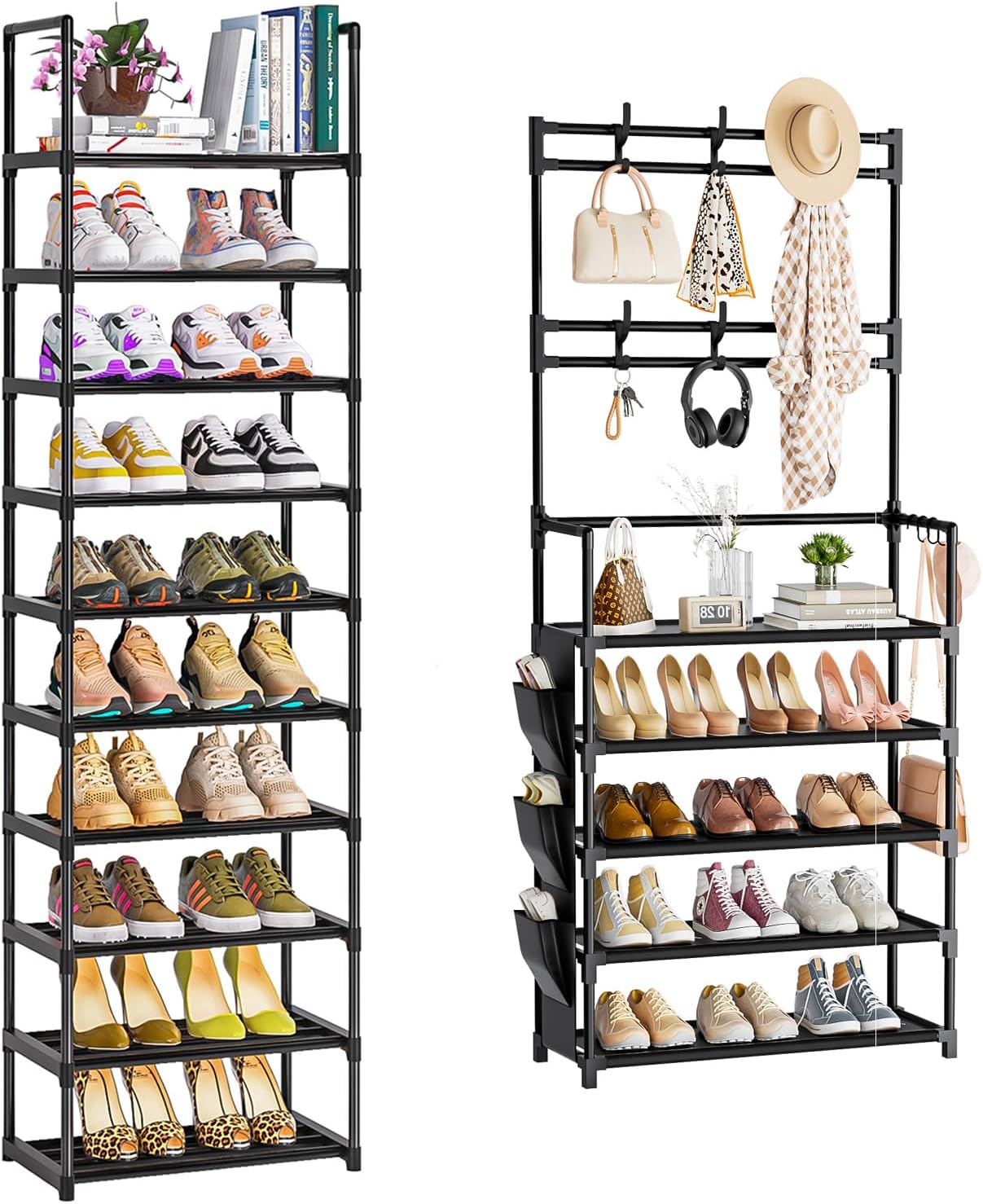 OYREL Shoe Rack 10 Tier Narrow Tall and 5 Tier Shoe Rack with Hooks