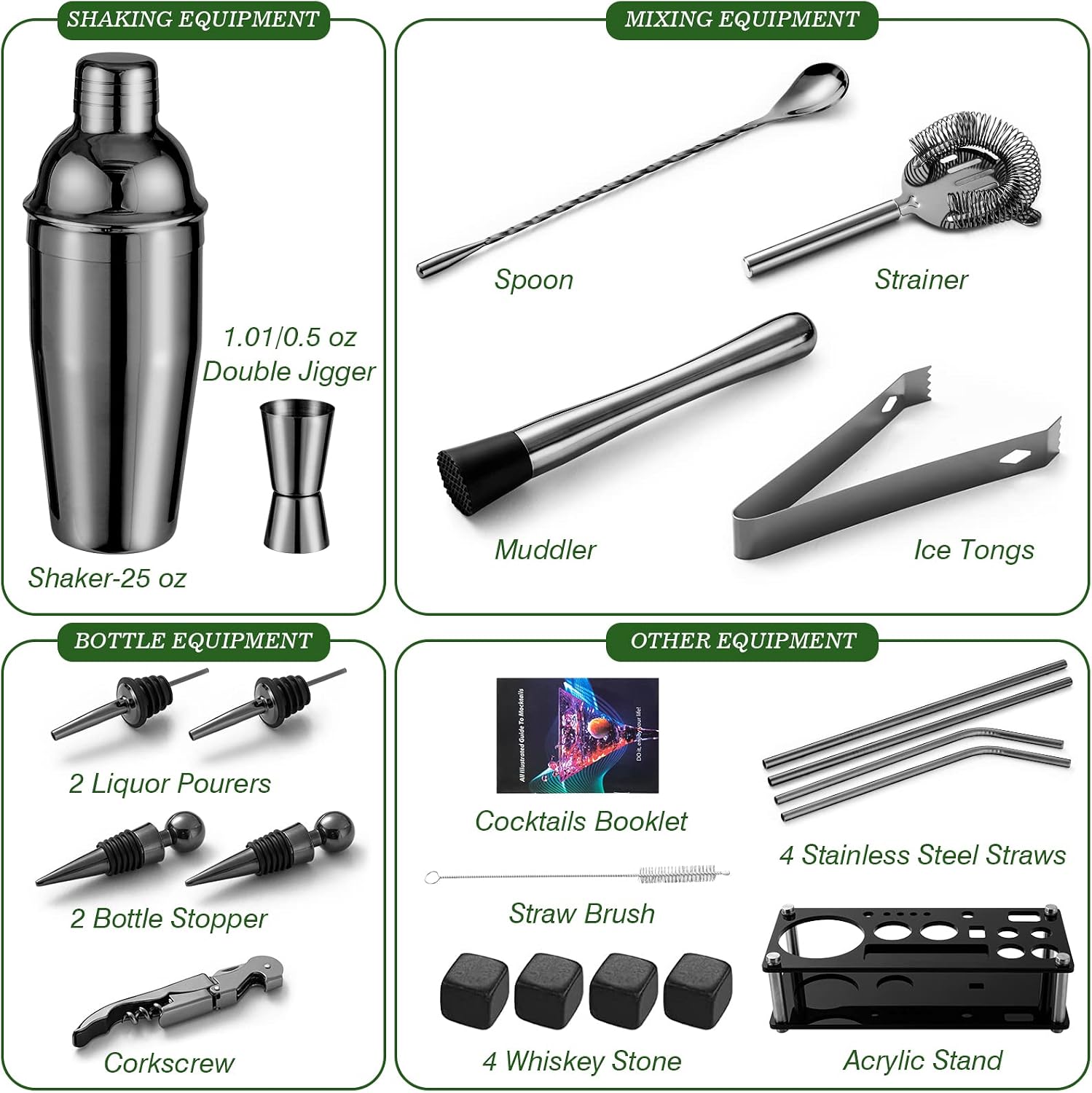 HBlife Bartender Kit 23 Piece Cocktail Shaker Set with Stand, Stainless Steel Bar Set Include All Basic and Additional Bar Accessories, Creat a Perfect Home Bar (Dark Black)