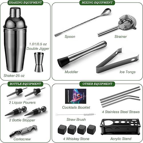 Miniatura 2 de HBlife Juego de coctelera de 22 piezas con soporte accesorios de barra de acero inoxidable que incluyen coctelera de 25 onzas 4 piedras de whisky