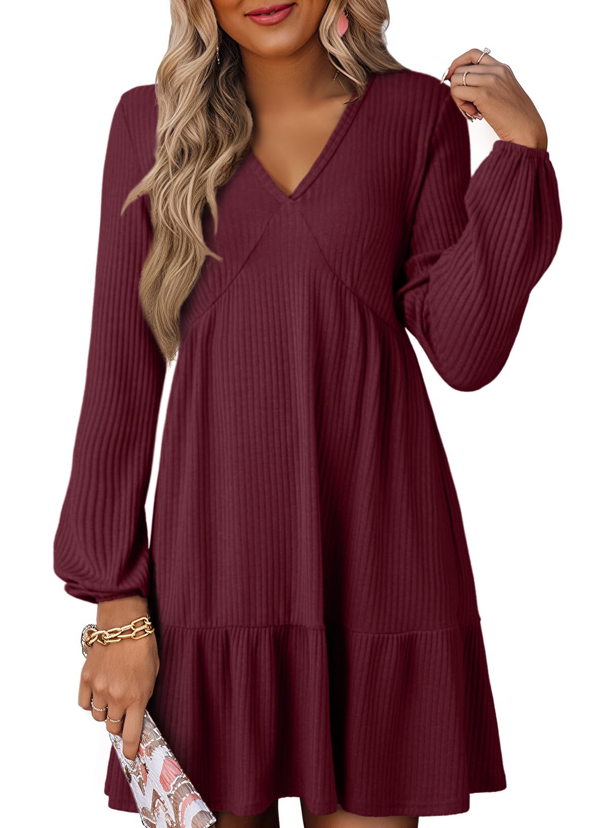 Dokotoo Fall Dresses for Women 2025 Long Sleeve V Neck Lightweight Ribbed Knit Empire Waist Casual A Line