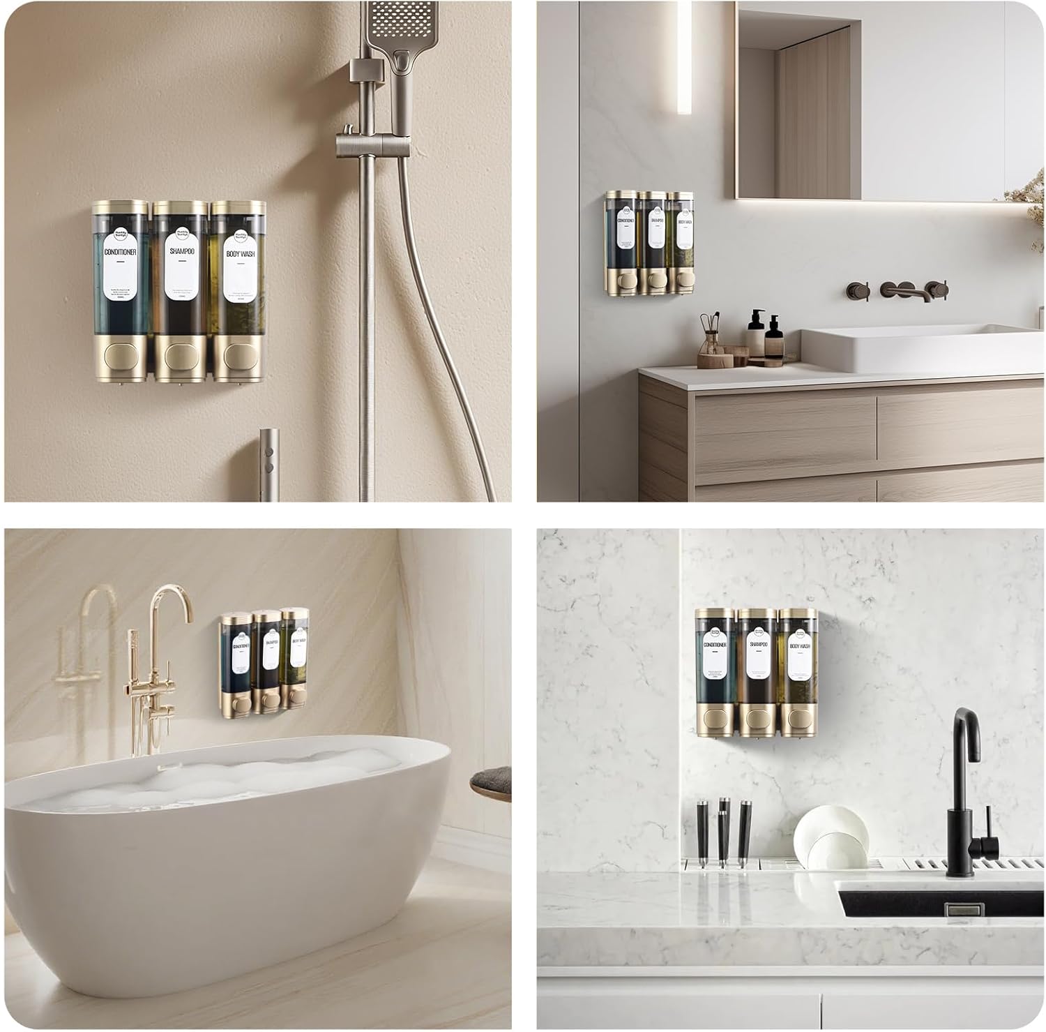 Shampoo and Conditioner Dispenser, Refillabe Shower Soap Dispensers 3 Chamber No Drill Shampoo Dispenser for Shower Wall Mounted 3 * 300ml Container for Bathroom Hotel (Bronze Gold 3 Chamber) - Image 7