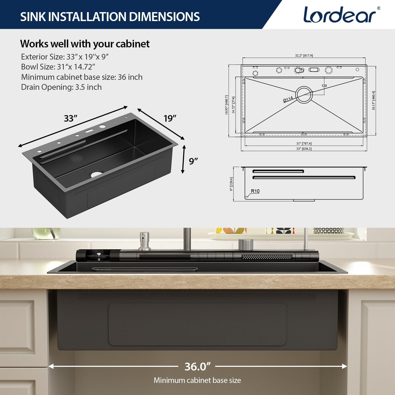 Lordear Drop In Kitchen Sink, 33 inch Black Waterfall Sink 16 Gauge Stainless Steel, Above Counter Smart Kitchen Sinks, Single Bowl with Integrated Control for Powerful Cleaning