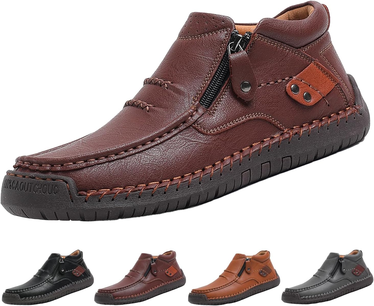 Men's Mid-top Chukka Boots,Fall Winter Fashion Vintage Leather Handmade Non-Slip Side Zip Driving Casual Dress Shoes