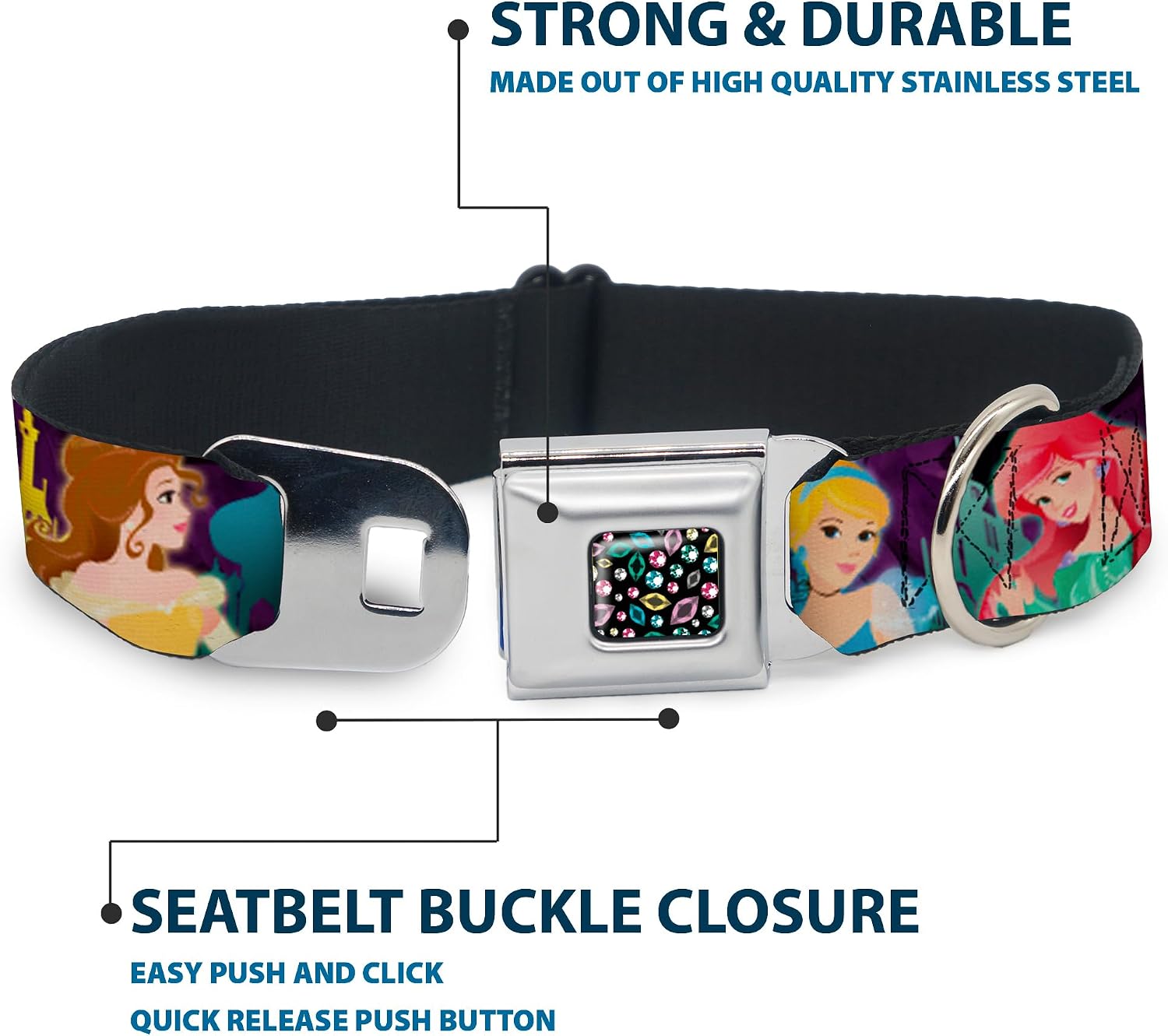 Dog Collar Seatbelt Buckle Disney Princess Poses Castle Silhouettes Purples Multi Color 18 to 32 Inches 1.5 Inch Wide