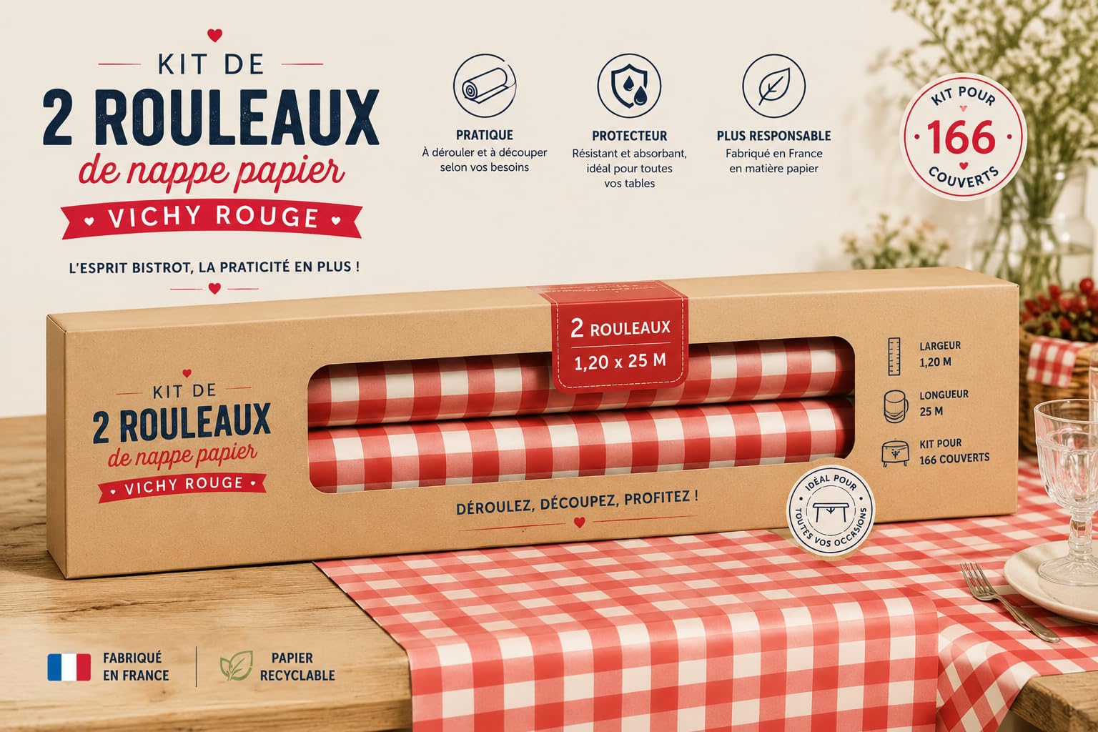 Rollo Mantel de papel desechable Vichy azulejos rojo y blanco | 2 rollos de 25 M = 50 M | Ancho 1,20 M | Cervecería - Bistro Retro - Tapón Lyonnais - Guinguette