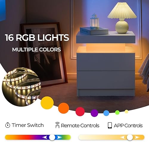 Miniatura 8 de Generic Juego de 2 Mesita de noche con 2 cajones, mesa de noche con cajones para muebles de dormitorio, mesa auxiliar con luz LED Blanco,Negro