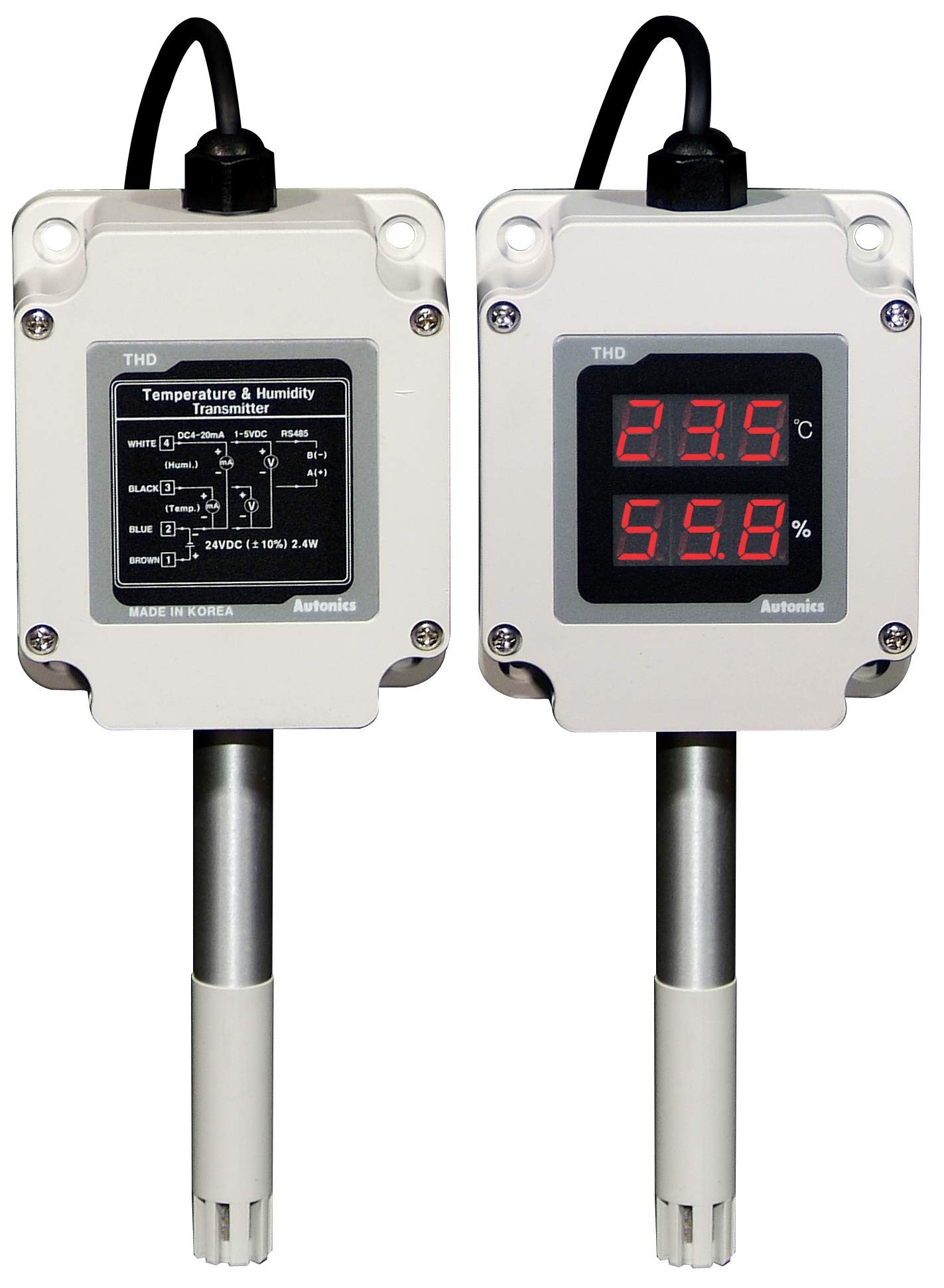 THD-WD1-V, Temp/Humidity Transducer, Wall Mount, 100mm Sensing Pole, 3 Digit Display, 1-5VDC Output, 24VDC Power