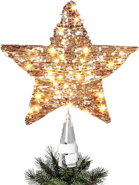 Vanthylit Christmas Tree Topper Pre Lit Tree Star Topper Light up Rattan Natural Star Treetop Mains Powered with 40 Warm White LEDs Xmas Tree Decorations for Christmas New Year Holiday Home decor