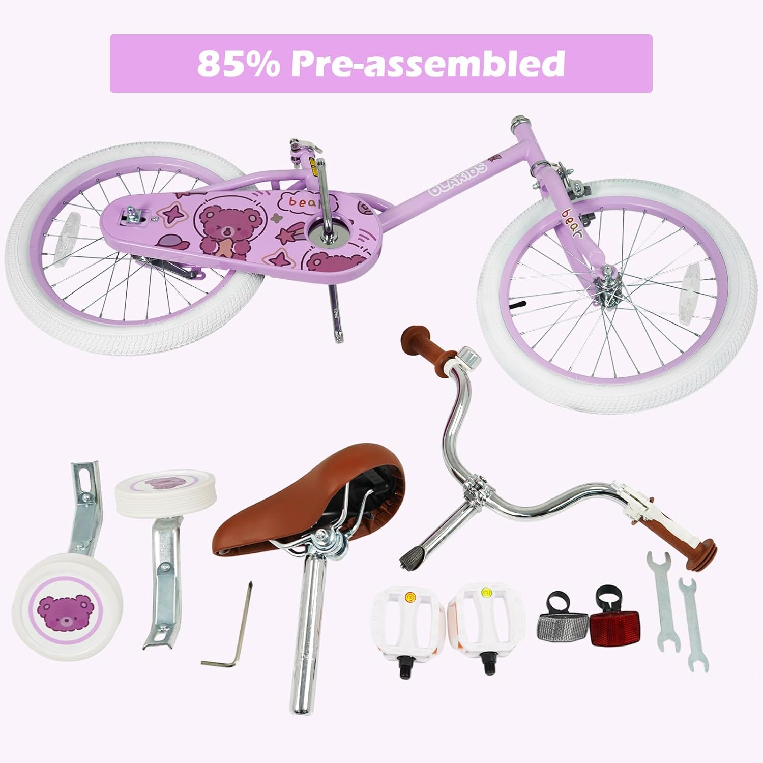 Olakids Kids Bike, 12 14 16 18 Inch Bear Themed Toddlers Bike with Training Wheels Adjustable Seat Handlebar Coaster Brake and Handbrake, Children's Bicycle for Boys Girls