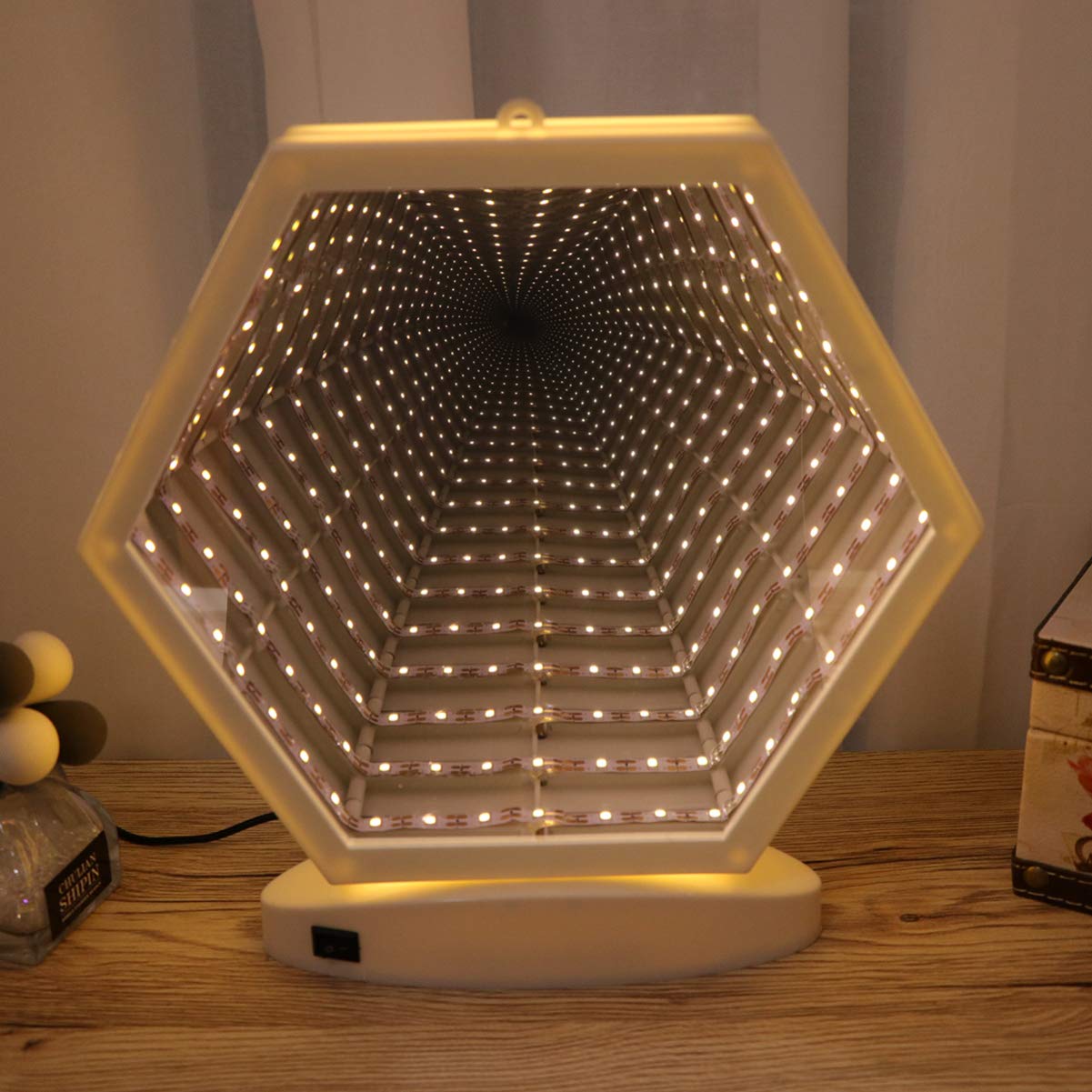 Mobestech Hexagon Shape 3D Infinity Light Battery Powered Creative USB Mirror Tunnel Light for Bedroom Living Room