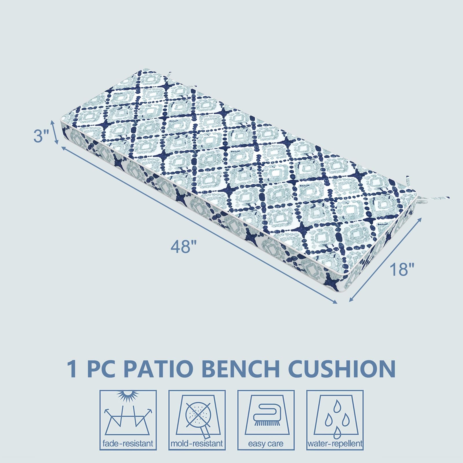 LVTXIII Cuscino Per Panca Da Esterno/Interno 122 Cm - Con Lacci, Impermeabile, Motivo Geometrico Bohémien Blu, Memory Foam, 122x45x7,6 Cm - 5