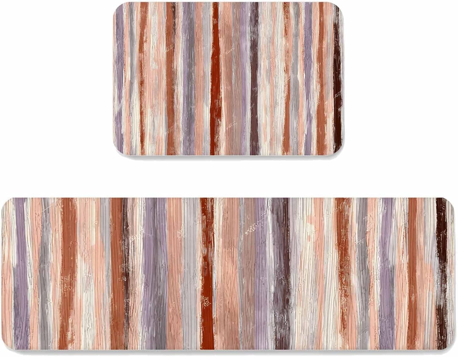 Prime Leader Pink Brown Stripes Kitchen Mat Set 2 Pieces Abstract Pink Purple Brown Stripes Non Slip Kitchen Rugs Washable Runner Rug Mats for Sink Laundry (23.6" x 35.4"+23.6" x 70.9")