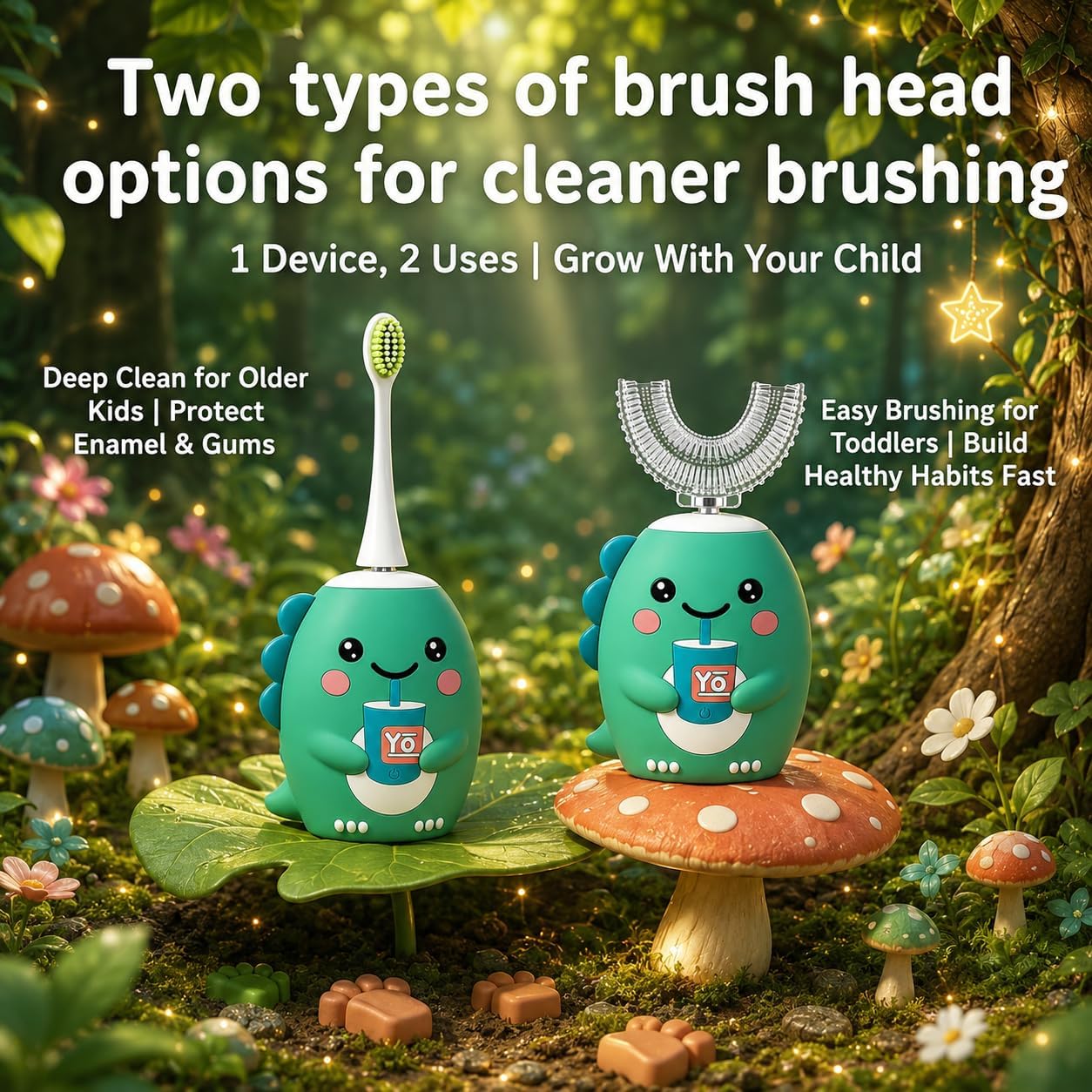 Kids U-Shaped Electric Toothbrush for Toddlers Ages 2-15, Sonic 360° Rechargeable Toothbrush Kids, 6 Brush Heads 6 Modes, IPX7 Waterproof Automatic 59S Timer - Green