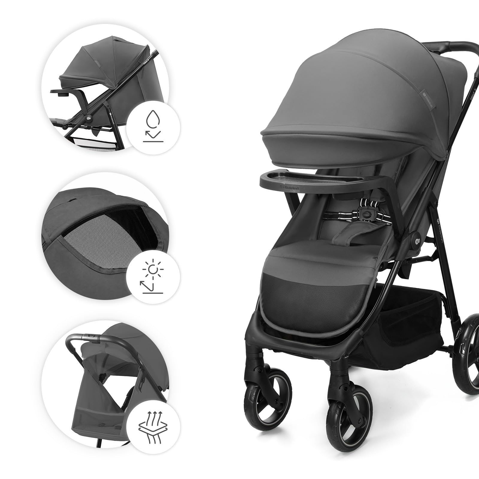 Kinderkraft TRIG 3 con vassoio, Passeggino 22 kg, CLICK & FOLD, Grigio