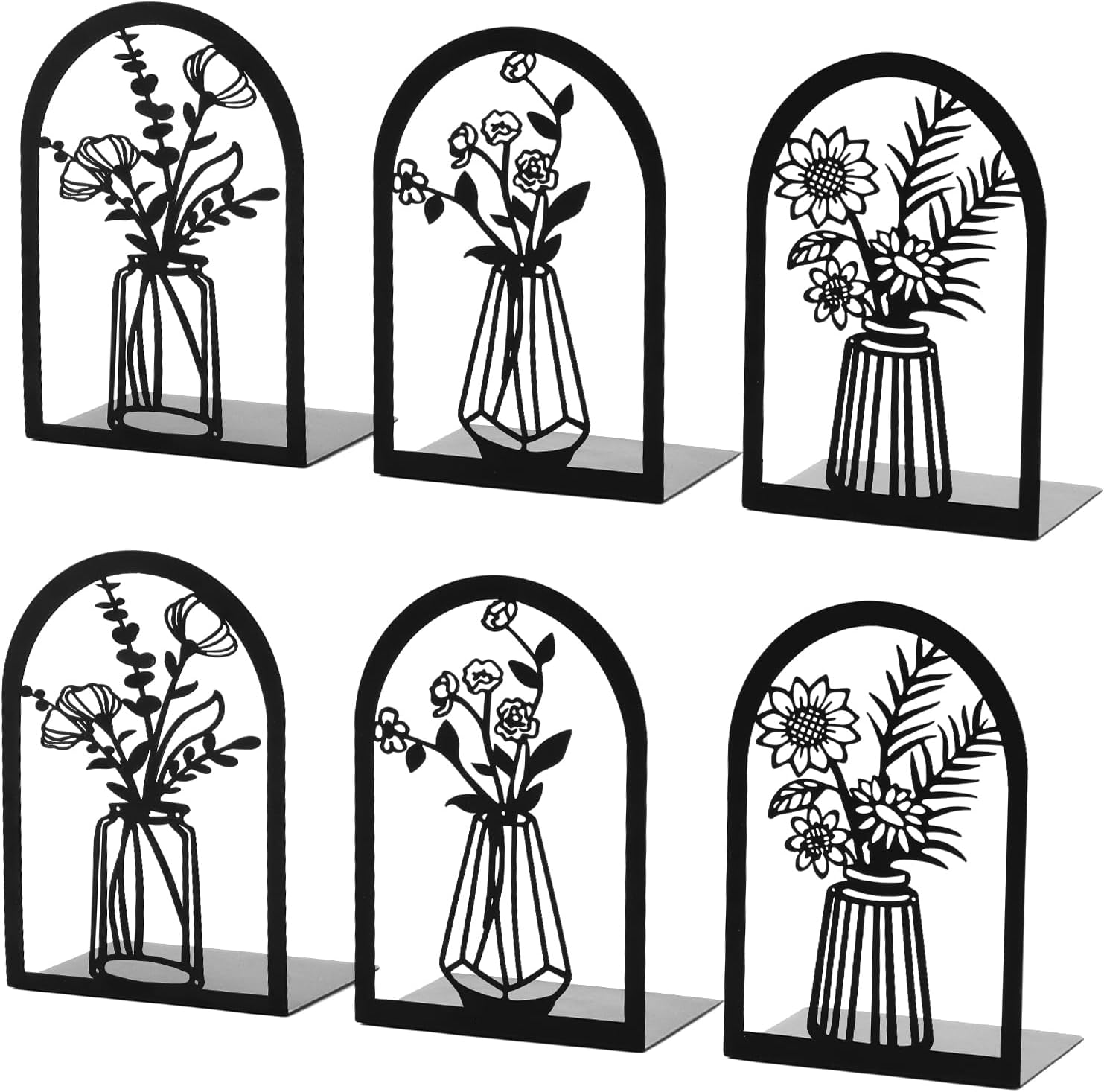 3 Pair Metal Bookends,Decorative Book Ends for Shelves,Non-Slip Book Stopper for Heavy Books,Flower Shelf Holder for Home School Office
