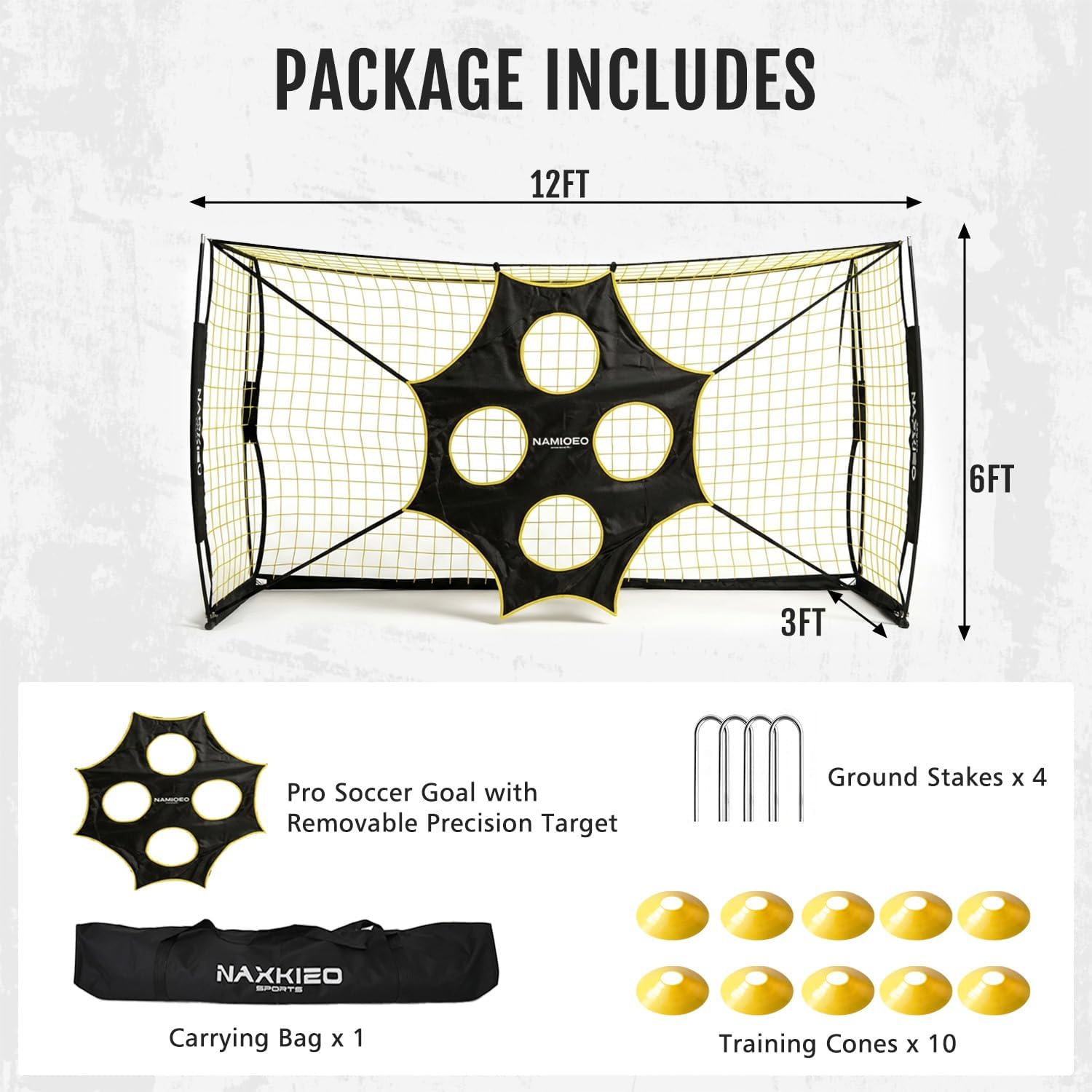 Soccer Goal, 12X6 FT Soccer Goal for Backyard, Precision Target and Training Cones Included, Upgraded Metal Base, Anti-Tear Netting, Soccer Practice Equipment with Carry Bag