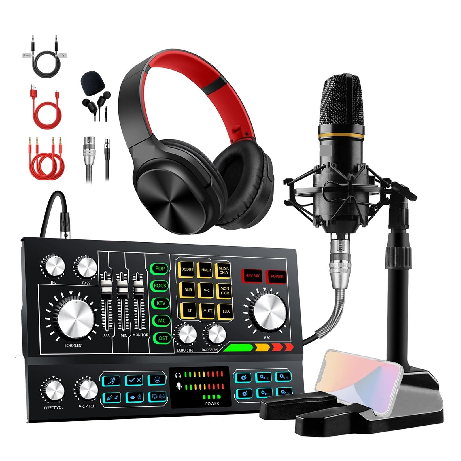 Podcast Equipment, Studio-Soundkarten-Kit, Schnittstellenmixer mit Mikrofon und Kopfhörer for Live-Übertragung