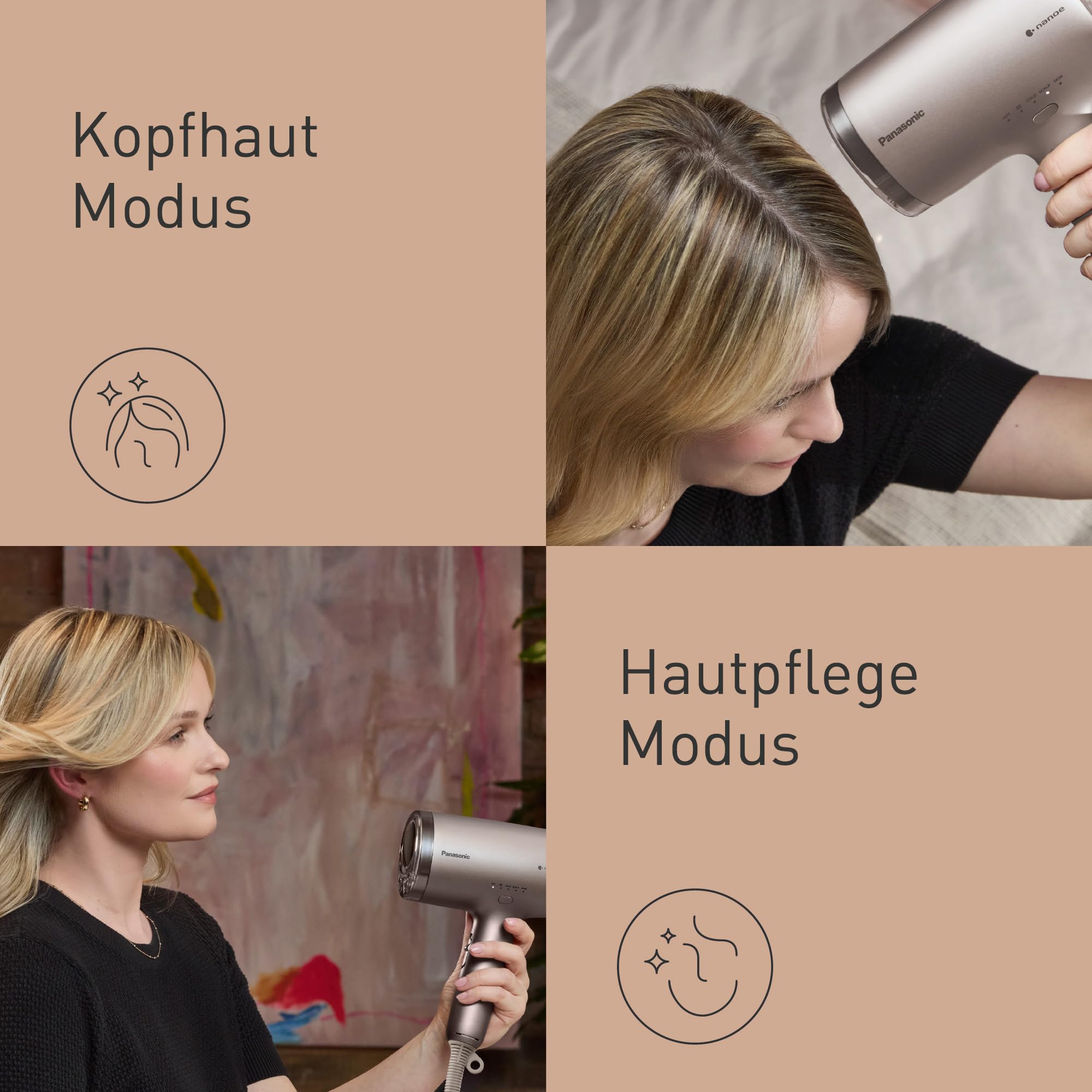 Panasonic EH-NA9N-E825 nanoe™ & Mineral-Ionen-Haartrockner, Anti-Haarschäden, Schnelltrocknen, Intelligente Sensorik, Kopf-und Gesichtshautmodi, Konzentrator-Aufsatz, 1600 W, Greige