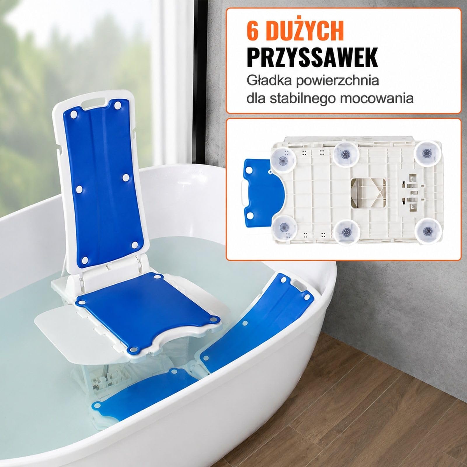 Podnośnikowe siedzisko do wanny z odchylanym oparciem, regulowaną podstawą, białe i niebieskie