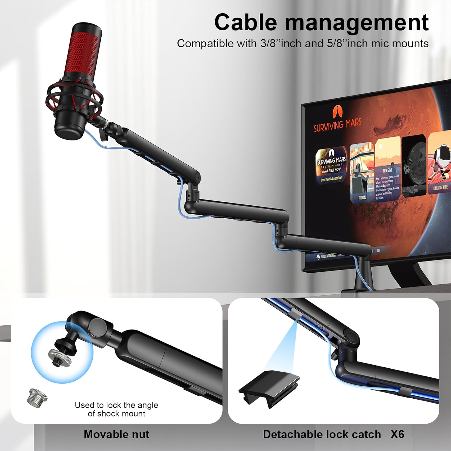 Microphone Arm,Aokeo AK-55i Desk Low Profile Adjustable Mic Boom Arm Stand,Suitable For Blue Yeti,Snowball iCE, HyperX QuadCast,SoloCast,Elgato Wave,Etc
