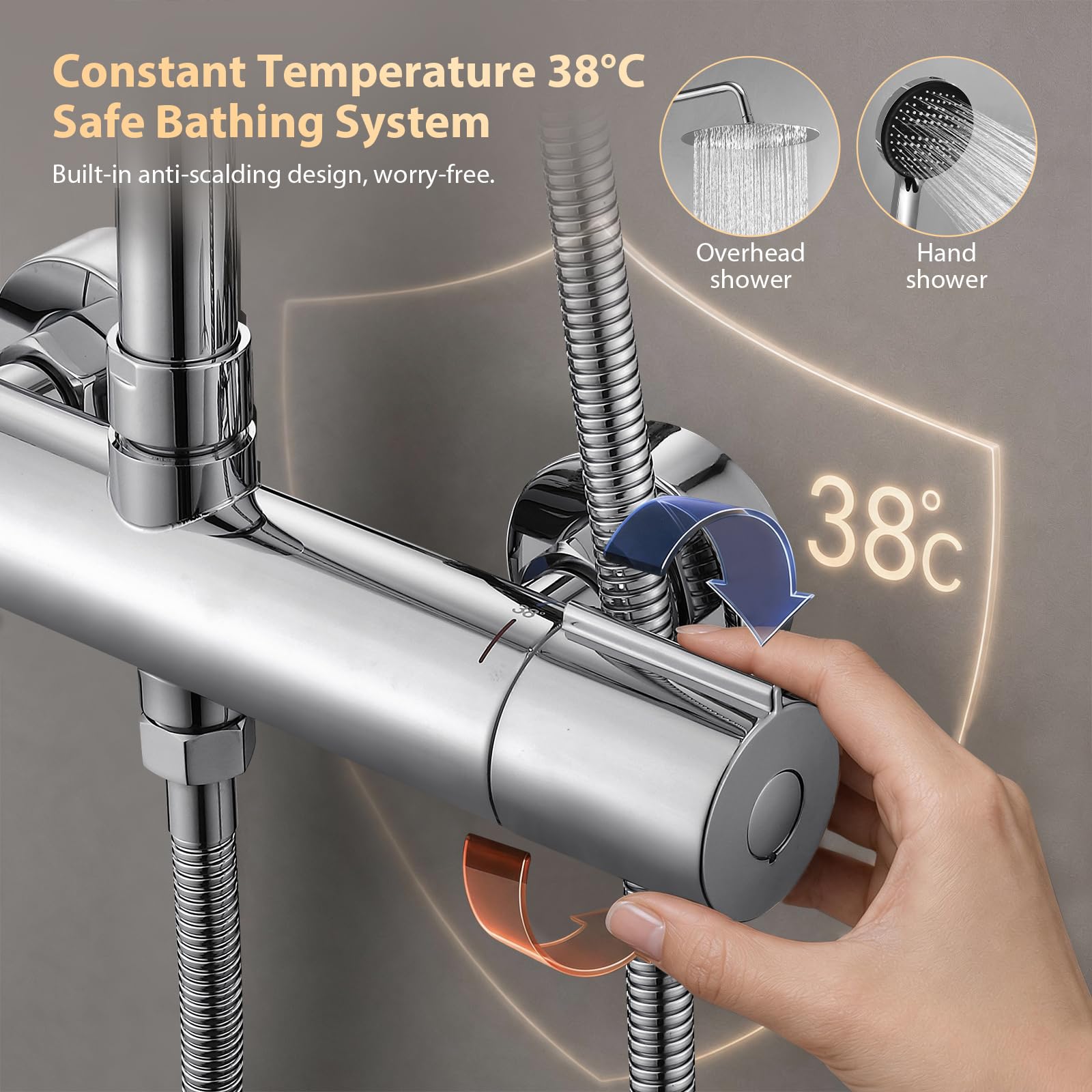 HOMELODY Duschsystem mit Thermostat Chrom, 300 mm Regendusche | 6 Funktionen Handbrause, Duscharmatur Edelstahl Regendusche mit Armatur, Duscharmatur Komplettset