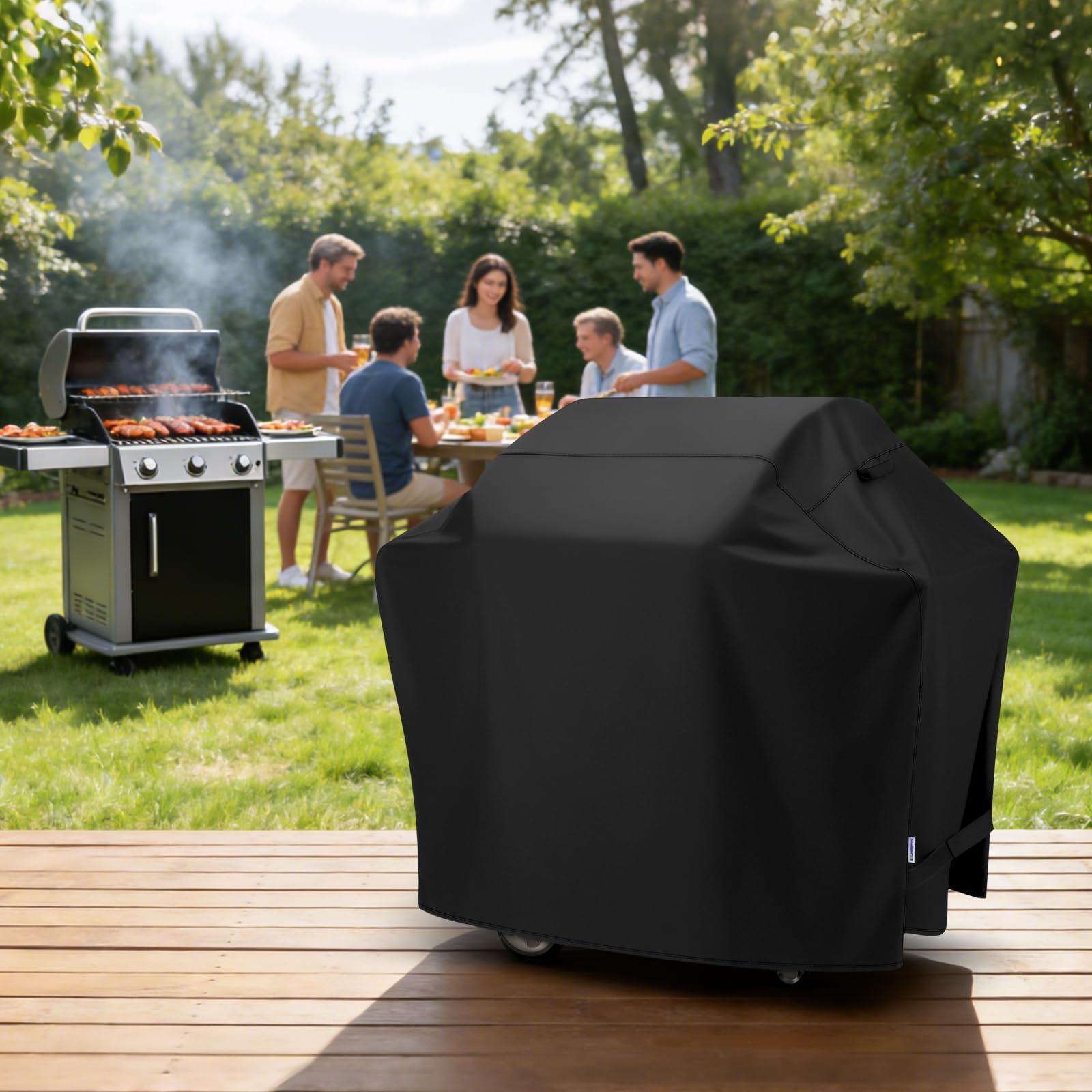 SunPatio Osłona grilla gazowego 140 cm, zewnętrzna osłona grilla do Weber, Charbroil, Nexgrill i Brinkmann, wytrzymała, wodoodporna, odporna na warunki atmosferyczne, trwała tkanina, czarna