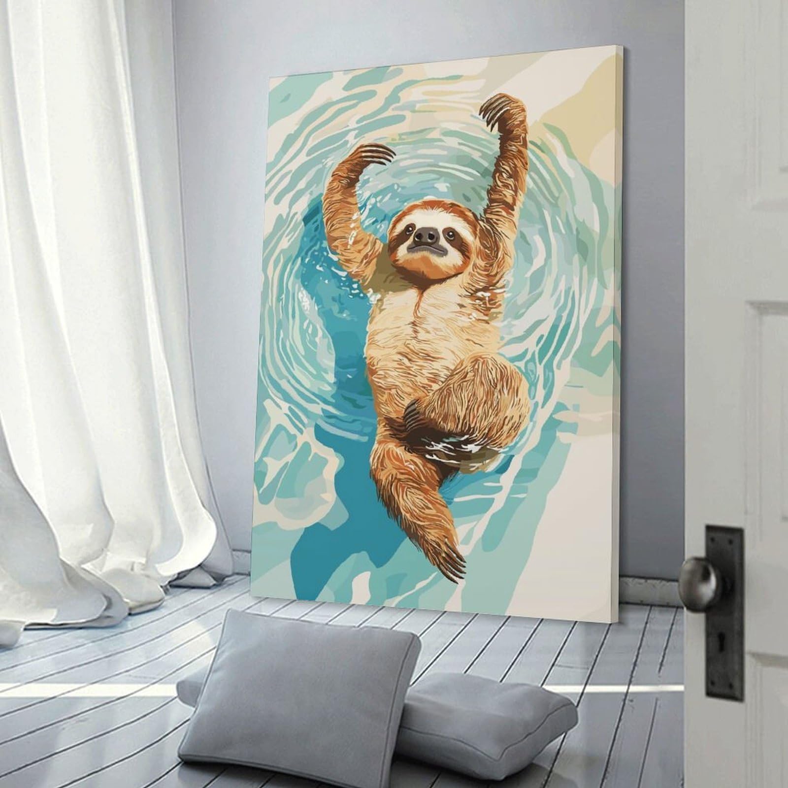 Junmoney Room Decor Wall Art Sloth Swimming in Water Illustration, 24x36inch(60x90cm), for Home Office, Desk Area Or Studio, An Interior Accent for Desk Areas