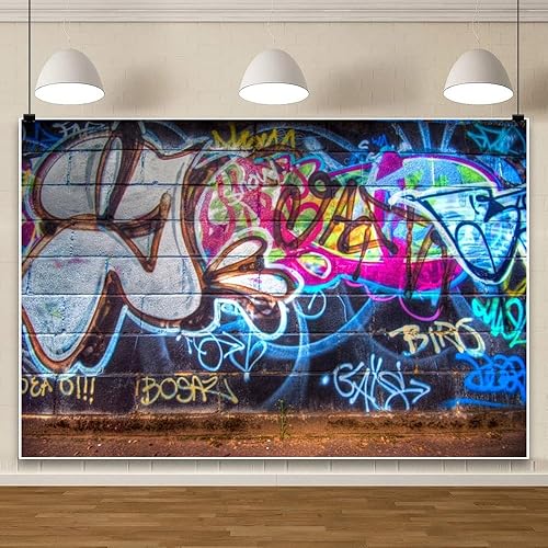 Miniatura 3 de Yeele Fondo de pared de graffiti retro de 7 x 5 pies, pared de ladrillo rústico de los años 80 y 90, dibujo a mano, pintura de graffiti, tema de hip