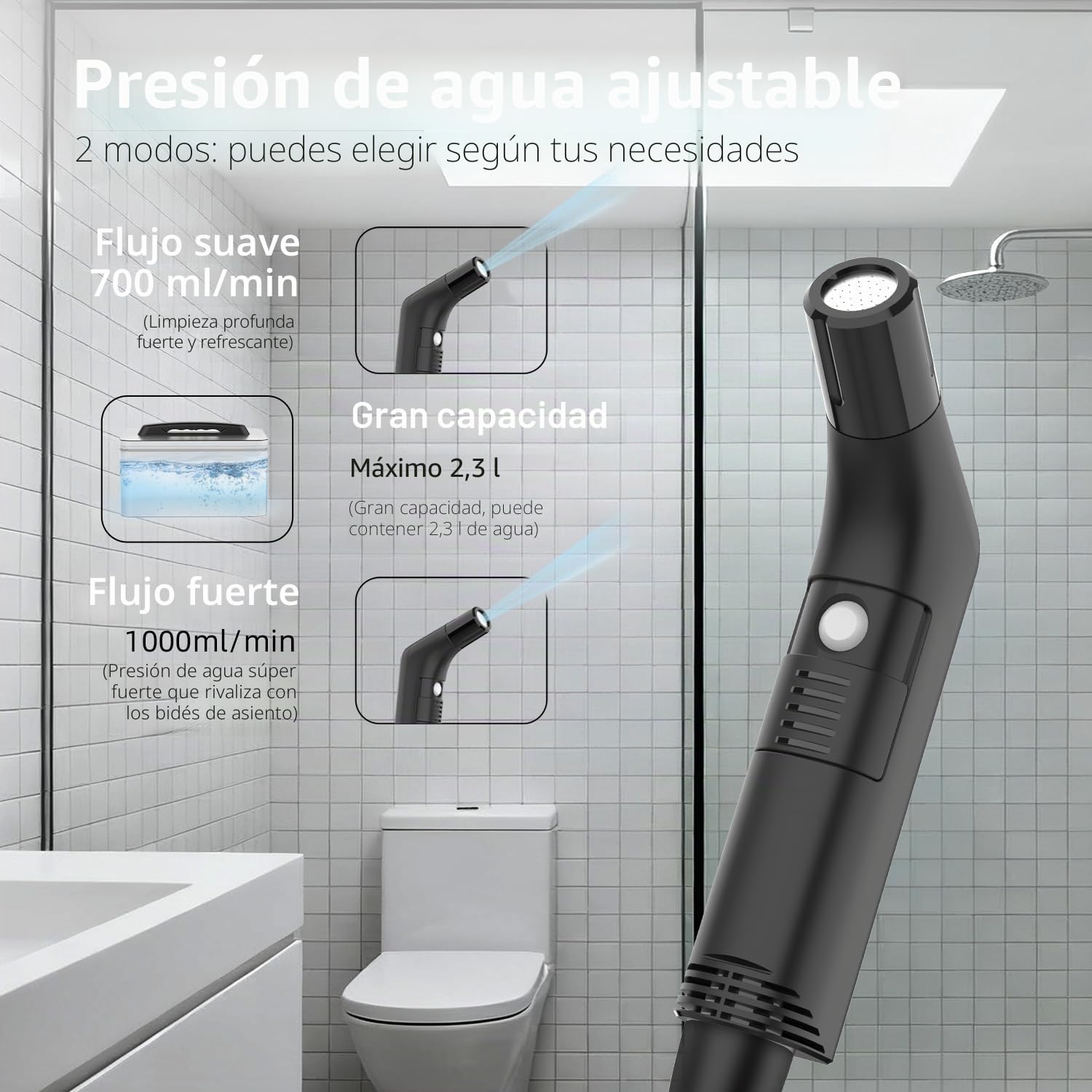 Eléctrico recargable de mano personal de viaje bidé pulverizador para el inodoro, baño y senderismo al aire libre，Sprayer musulmana ducha aerosol limpio con 2.3Liters de almacenamiento de agua