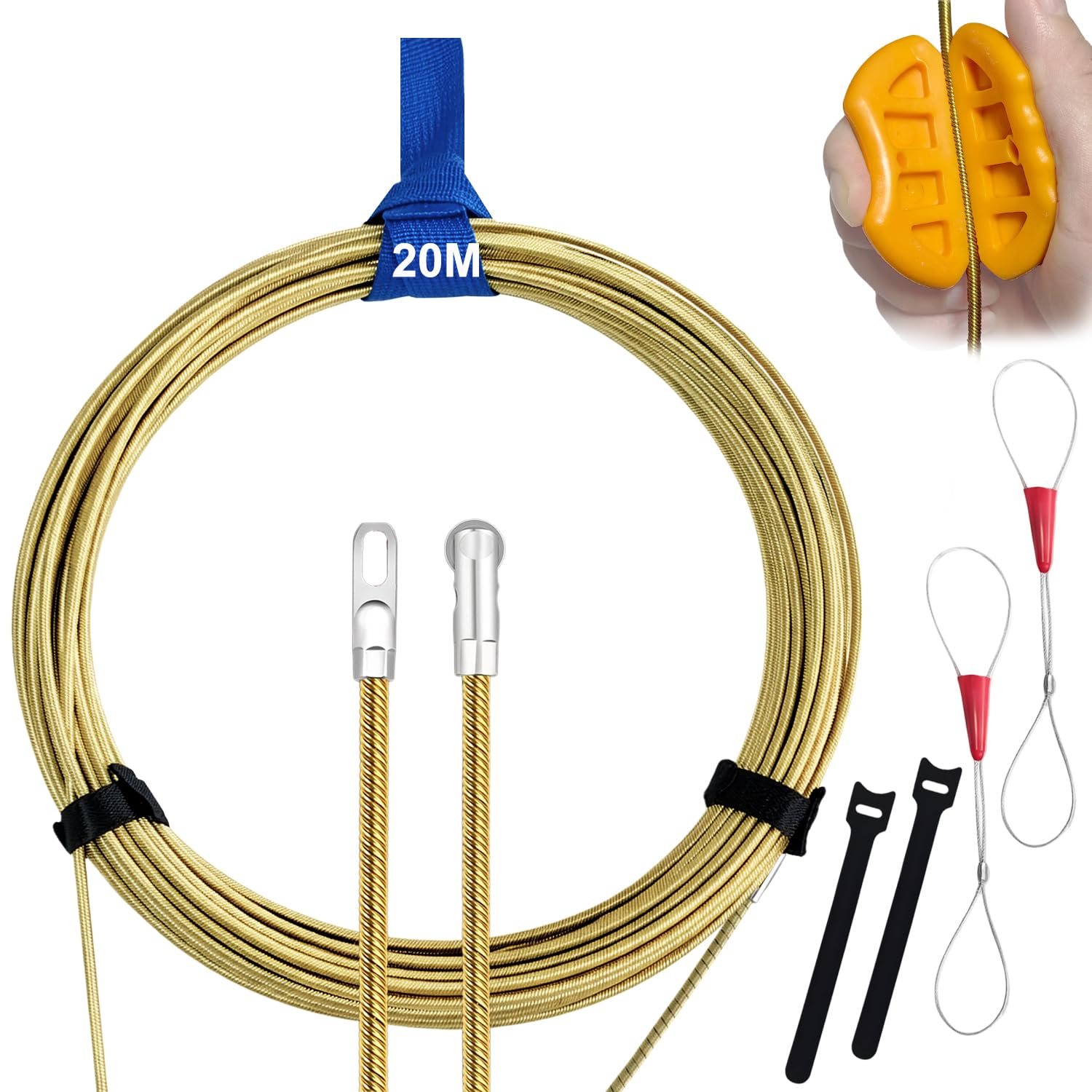 20m Steel Electrical Fish Tape Electrical Wire Threader 3.8mm Spring Steel Fish Tape Wire Puller Through Wall Rods Cable Running Puller Rods with 2 Metal Lock Wires for Insulation Pipe