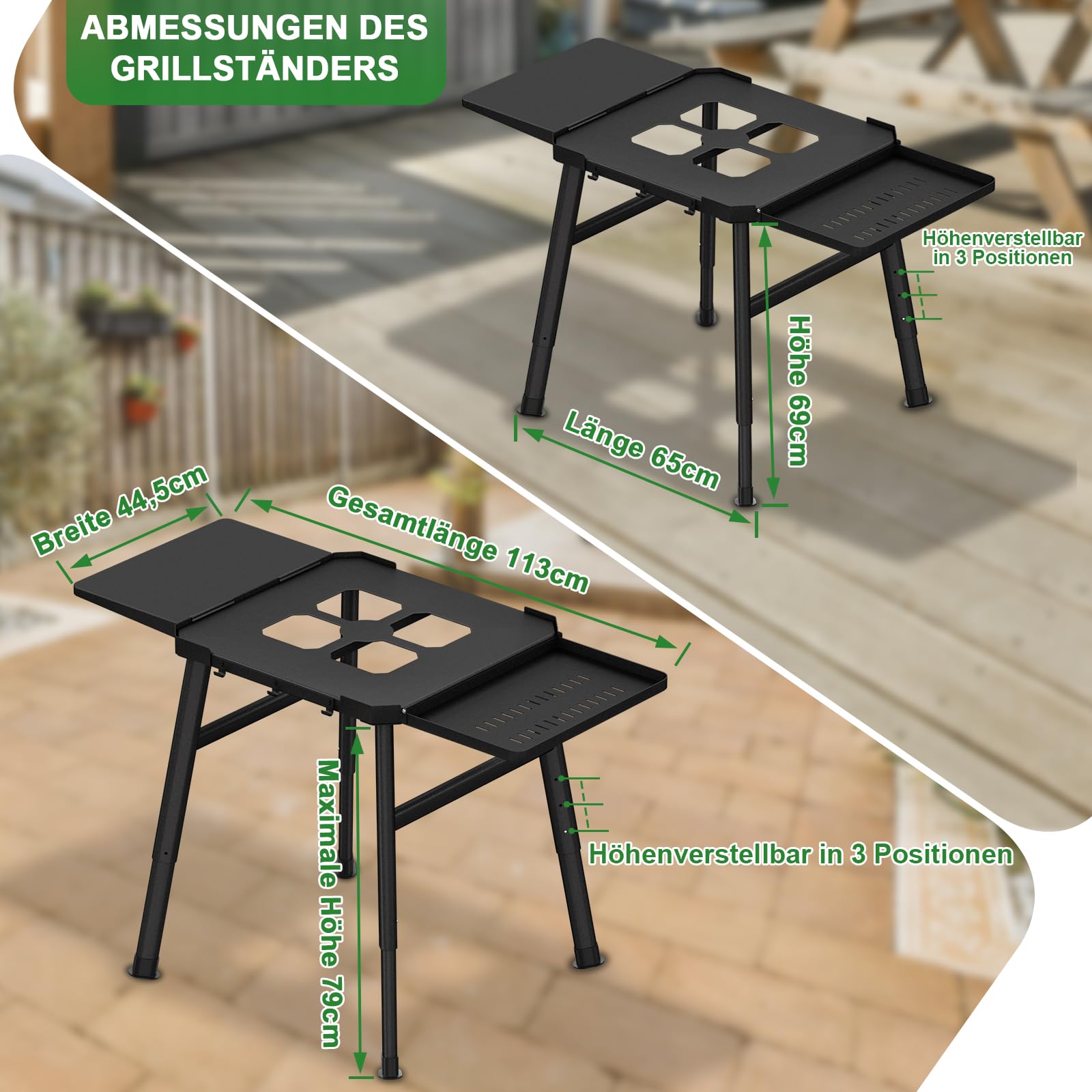 Grillständer für Ninja Woodfire Außenbereich Grill - Elektrischer Außenbereich BBQ Grill höhenverstellbarer Ständer mit doppeltem Seitentisch, Pizzaofenständer mit hängenden Haken