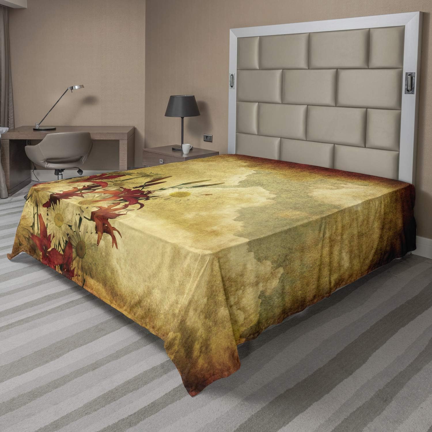 Ambesonne Burnt Orange Flat Sheet, Double Exposure Burnt Worn Shaggy Retro Background with Flowers Clouds Design, Soft Comfortable Top Sheet Decorative Bedding 1 Piece, Queen Size, Tan Orange