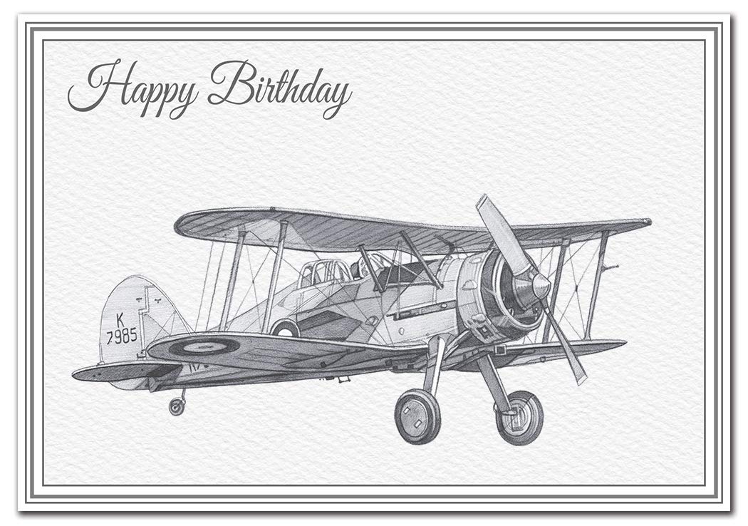 Unusual Birthday Cards - Unique Airplane Handmade Drawings Special WW2 Military (Gloster Gladiator Fighter Biplane Card)