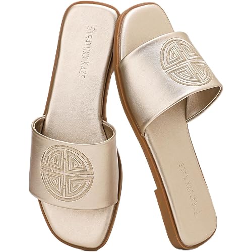 Stratuxx Kaze Womens Flat Sandals Dressy Summer Slide with Memory Foam Comfortable Cute Leather Black Sandals for Women