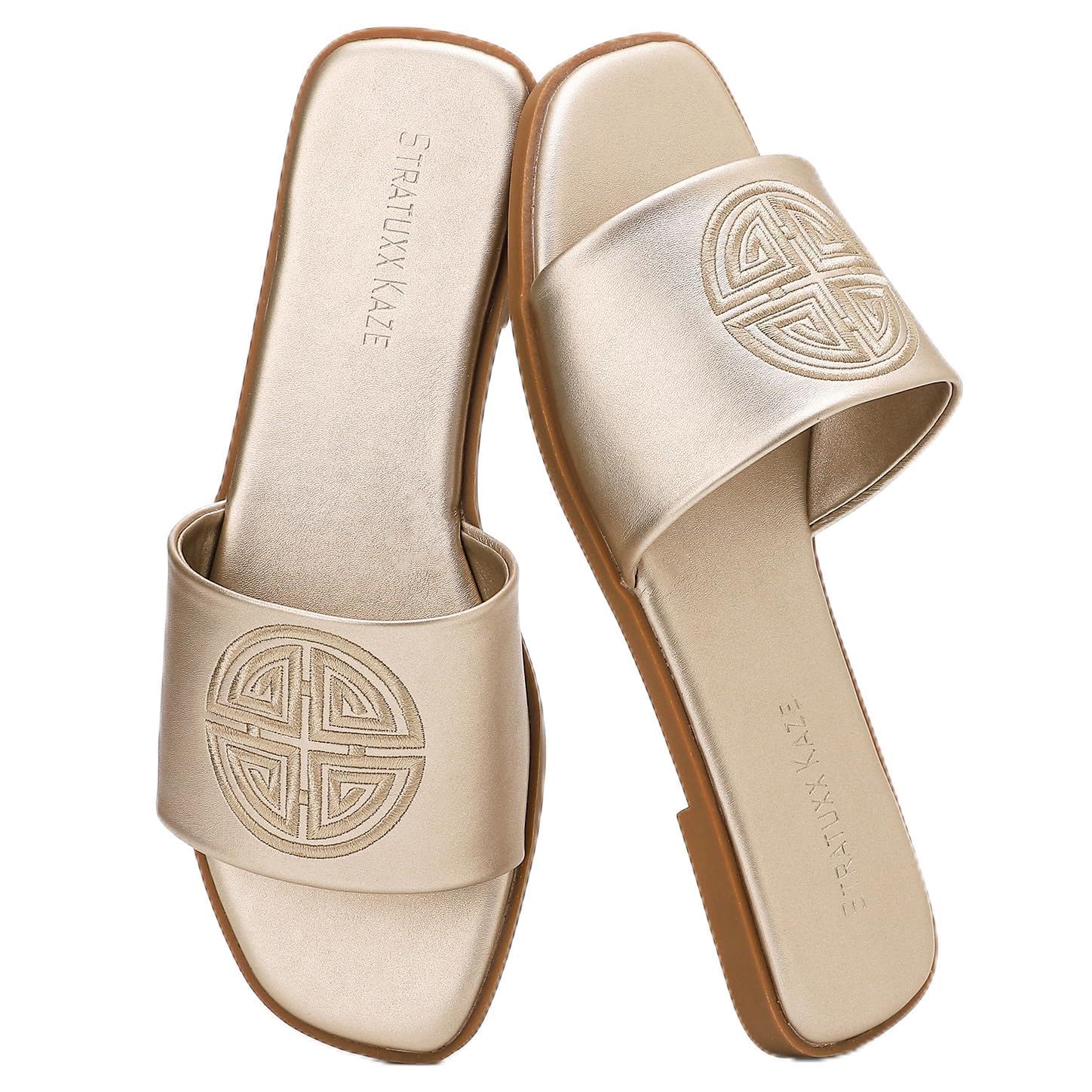 Stratuxx Kaze Sandalen Damen Sommer Bequem Pantoletten mit Niedrigem Absatz Leder Slides Elegante Flache Sandalen