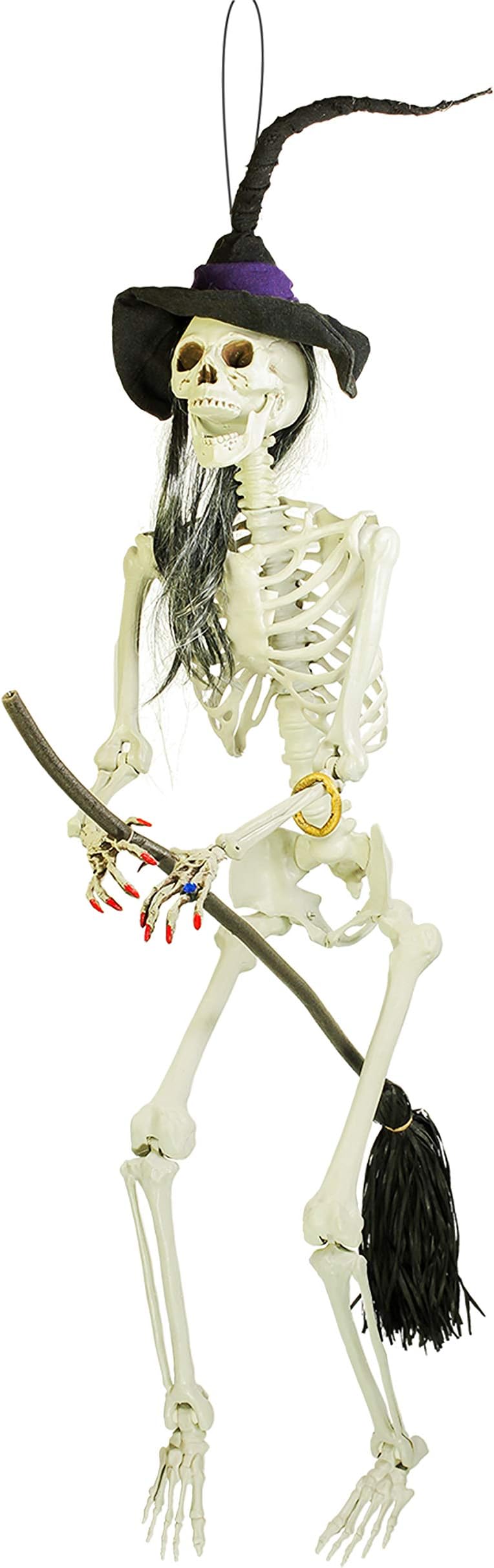 Halloween Haunters 6 Foot Hanging Scary Evil Skeleton Wicked Witch Flying on Her Broomstick Prop Decoration - Posable Joints, Realistic Human Bones Skull - Haunted House Graveyard Entryway Display