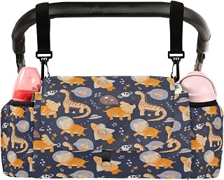 Space Dinosaur Rocket Universal Stroller Organizer, Cute Dino Planet Stroller Organizer Bag with Cup Holders Removable Shoulder Strap Fits Most Baby and Pet Strollers