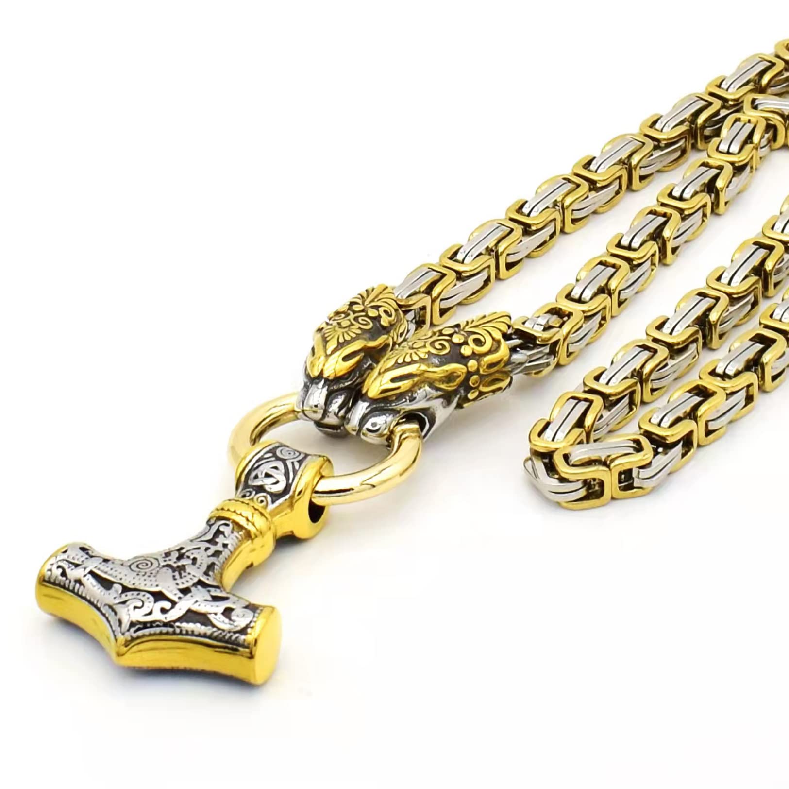 JAOYUMen Wolf Head Viking Necklace Thor's Hammer Pendant Mjolnir Necklace Norse Jewellery - Stainless Steel King Chain