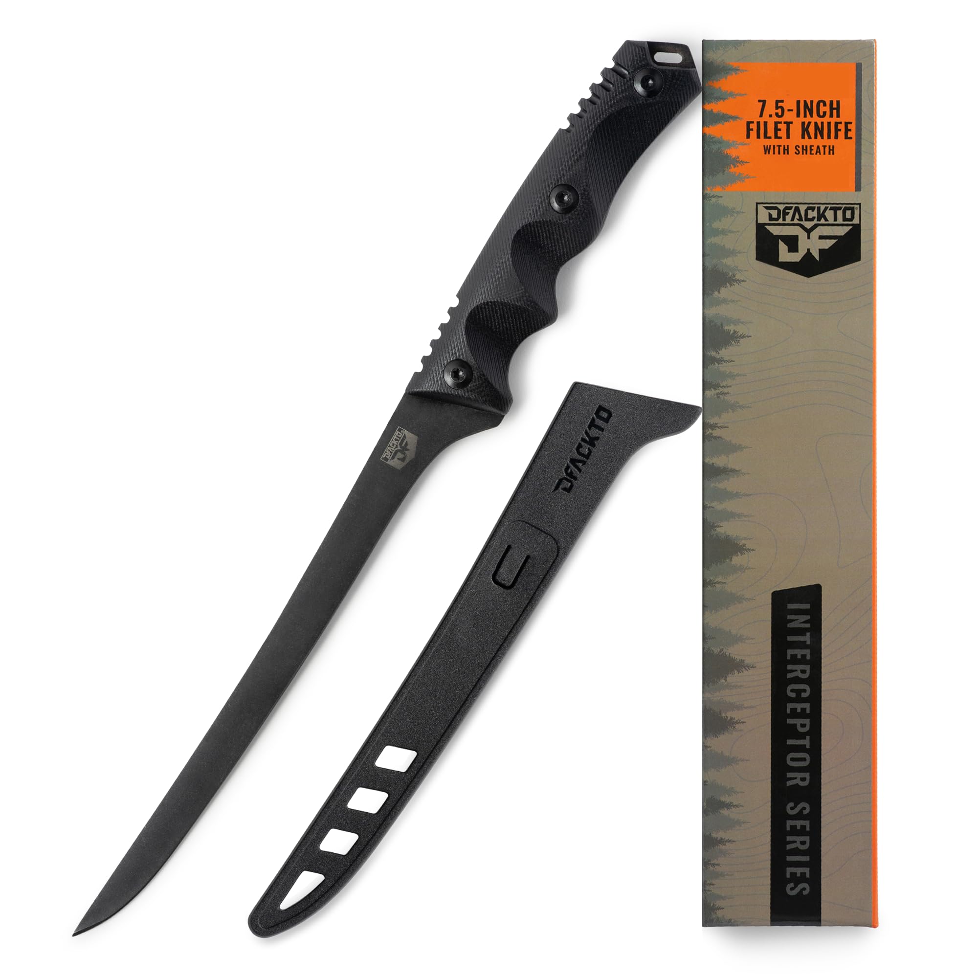 DFACKTO Interceptor 7.5" Fillet Knife – High Carbon Stainless Steel Full Tang Blade, Tactical G10 Fiber-Resin Handle, Rugged Filleting Knife for