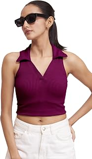 BERRY BIRD® Stylish Sleeveless V-Neck Slim Fit Collar Ribbed Knit Tank Crop Tops for Women & Girls Beach and Gym Wear and ... Price In India