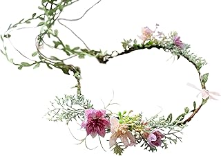 Vine Flower Crown Boho Flower Headband Hair Wreath Floral Halo Headpiece with Ribbon Wedding Party Photos Rosy