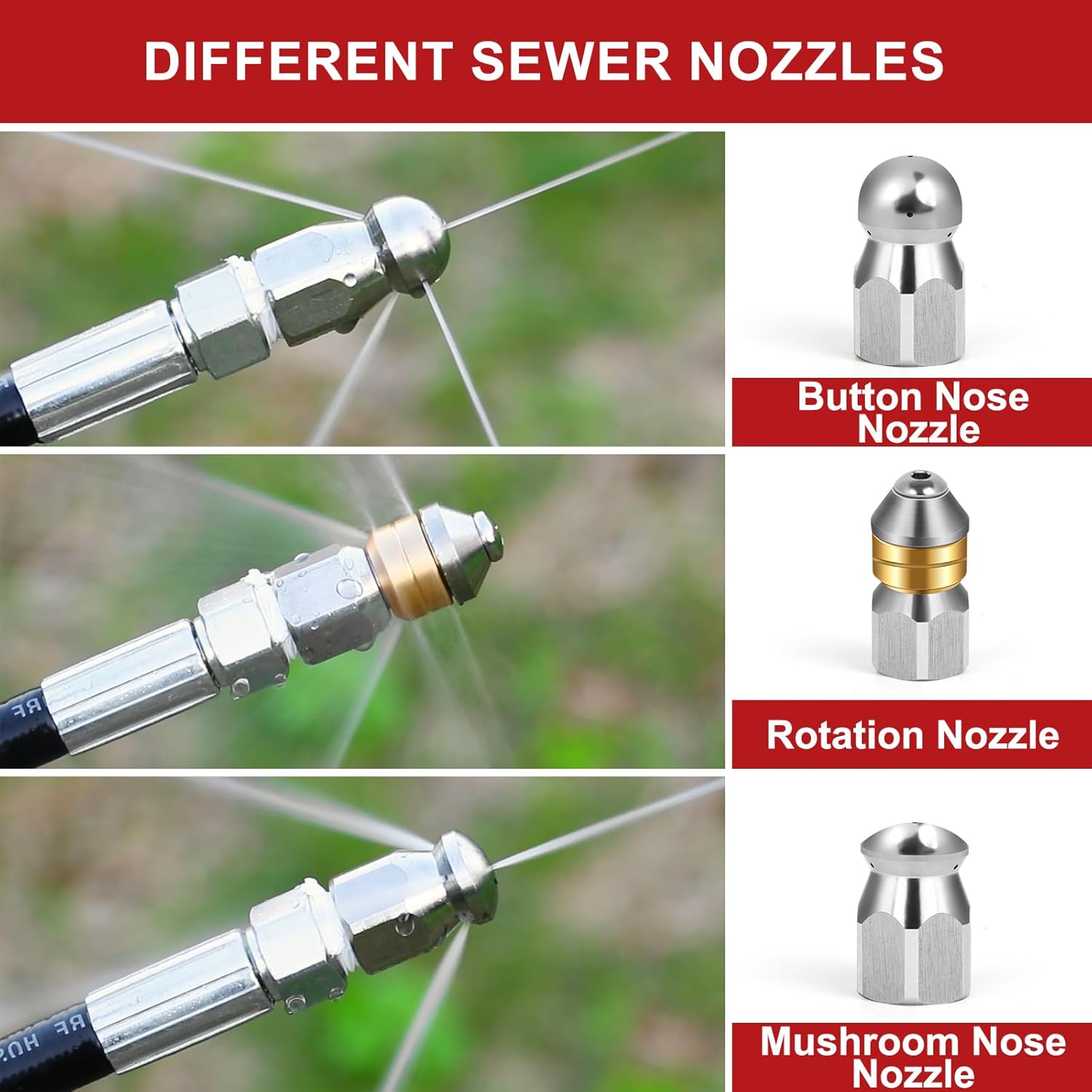 150 FT Sewer Jetter Kit for Pressure Washer, 5800 PSI High-Pressure Drain Cleaning Hose, 1/4 Inch NPT with 3 Nozzles, Watertight Tape, Handle Strap & 2 Spanners, Drain Cleaning Solution