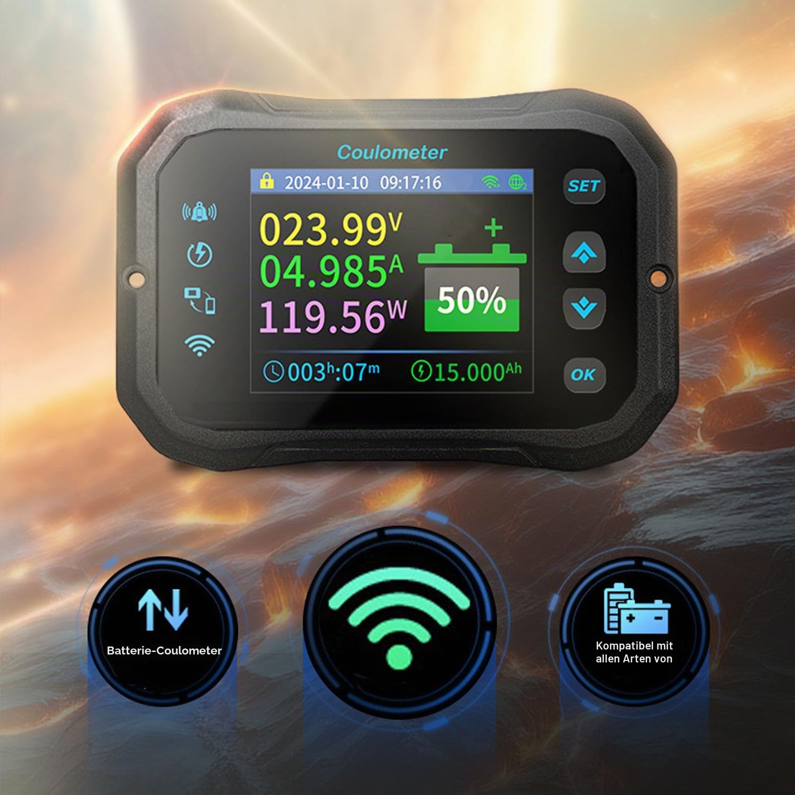 WIFI-Batteriemonitor, Batteriewächter 10-100V Wohnmobil Batterie Monitor mit Shunt, 400A Digitaler Bluetooths Batteriekapazitätsmonitor LCD Display, für Caravan RV Lithium-Batterie