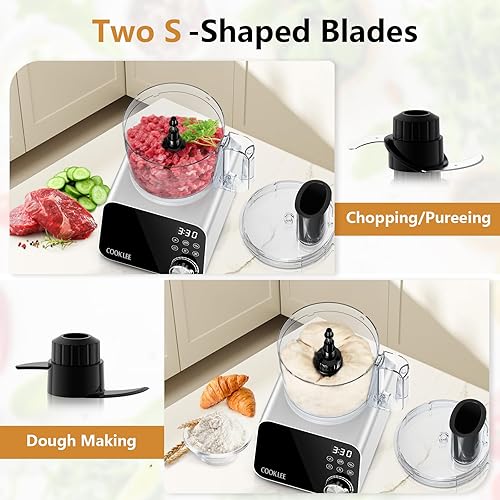 Miniatura 4 de COOKLEE Procesador de alimentos, 600 vatios, picadora eléctrica de alimentos de 6 funciones para picar, picar, cortar en cubitos, triturar, rebanar,