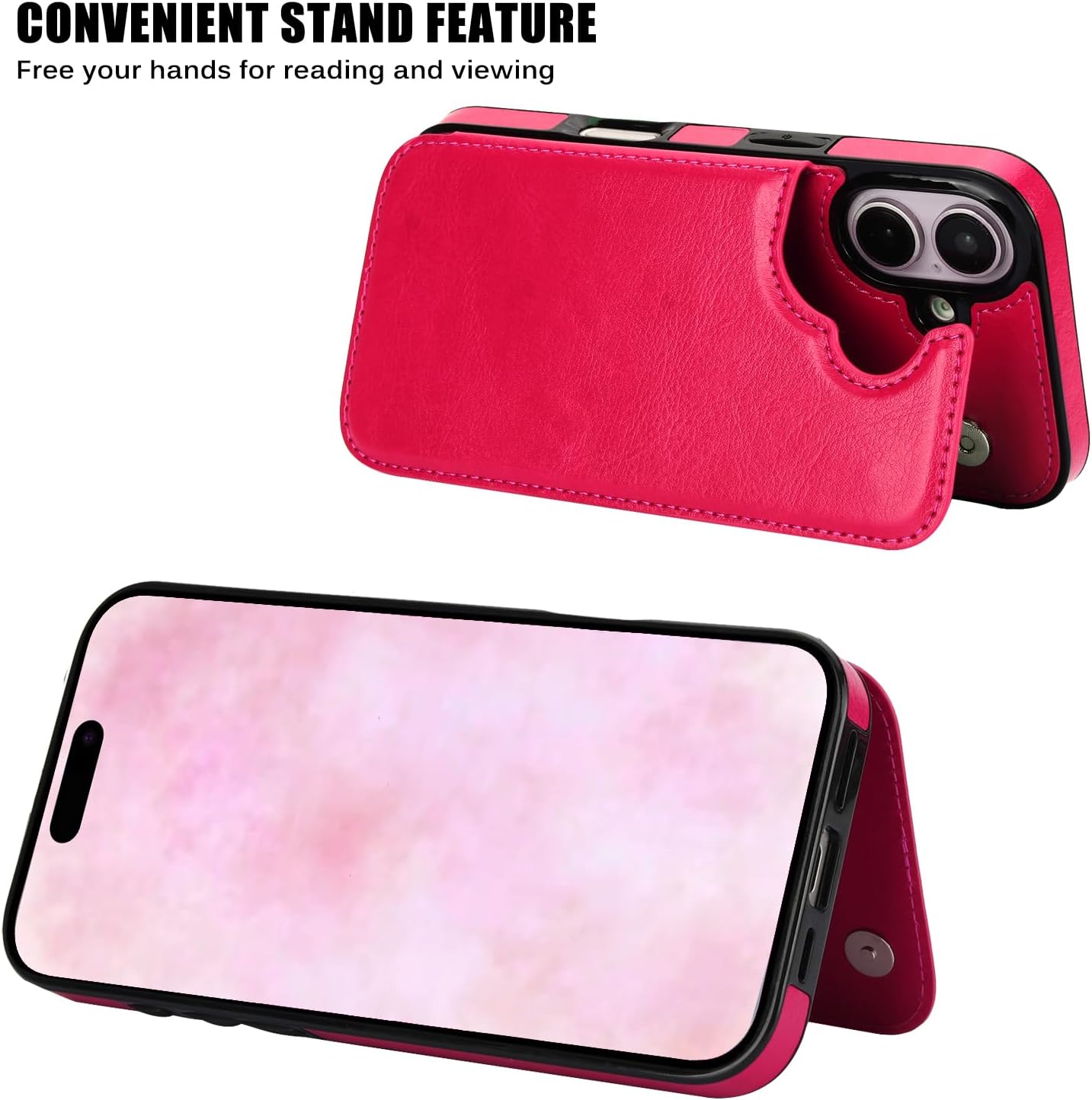 Wallet Case Compatible with iPhone 16 6.1", Slim Protective Case with Card Holder,Premium PU Leather Kickstand Card Slots Case with Double Magnetic Clasp-Rosered - Image 6